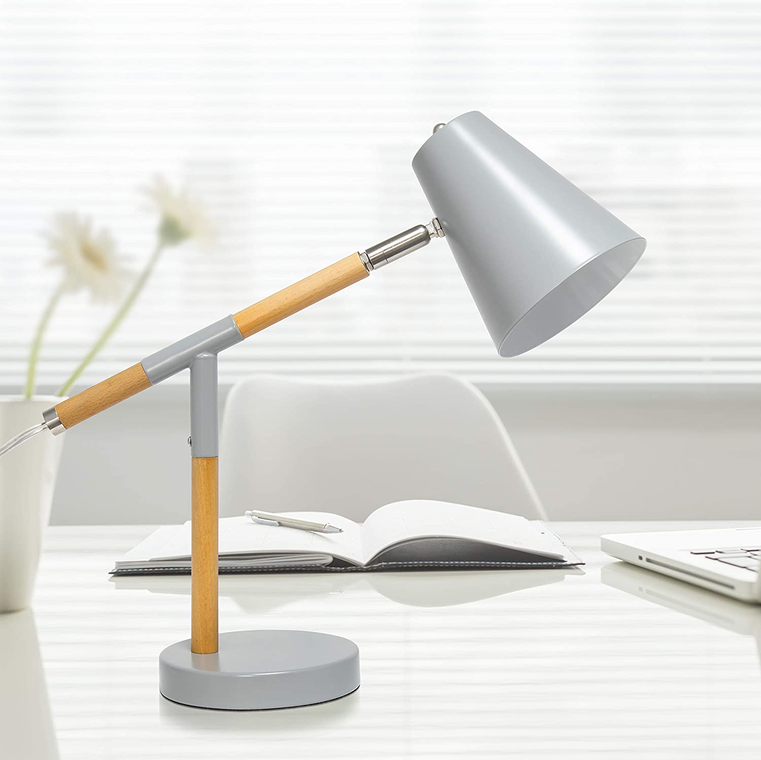 Simple Designs LD1059-GRY Matte and Wooden Pivot Desk Lamp, Gray
