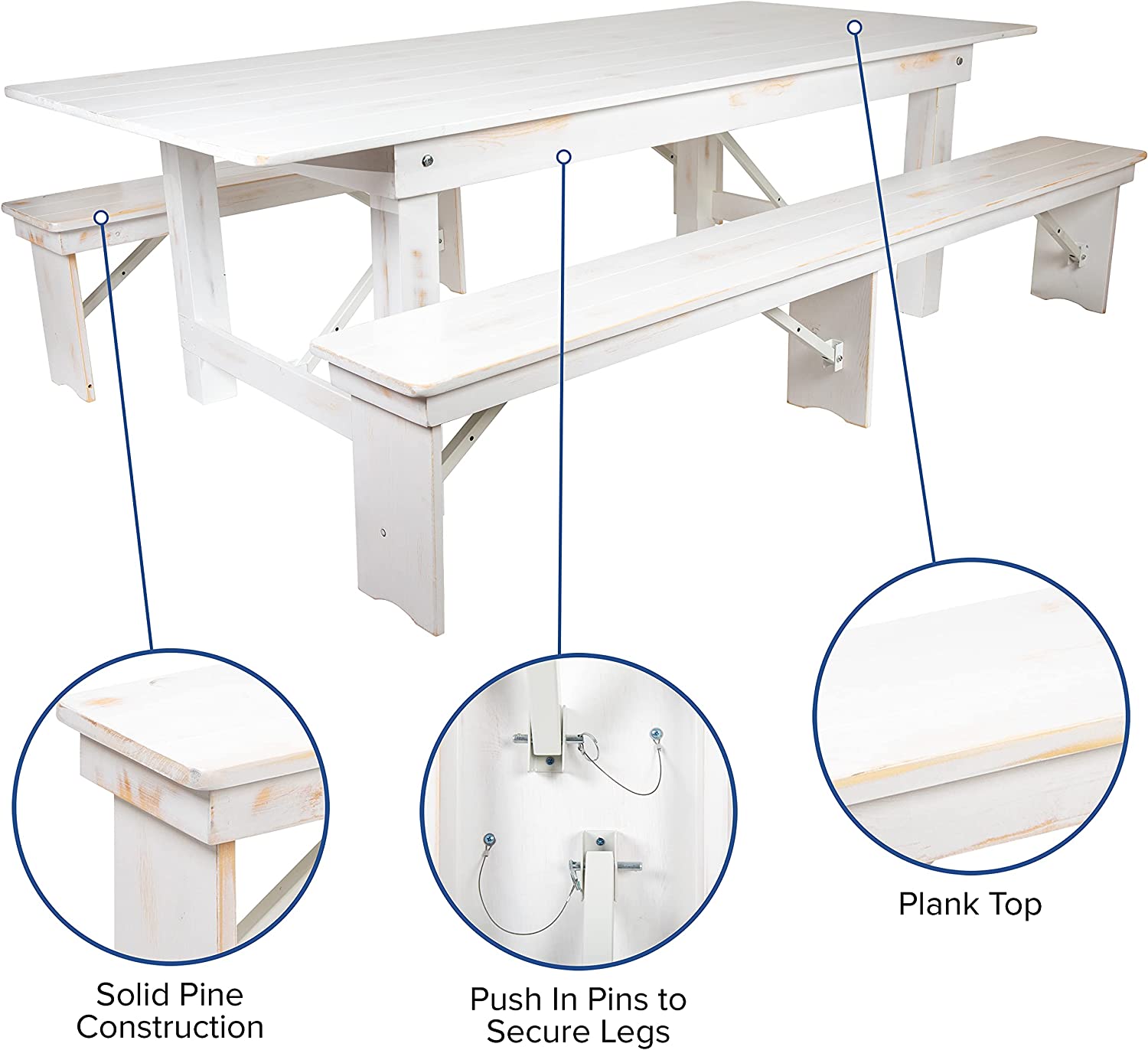 Flash Furniture HERCULES Series 9&#39; x 40&#34; Antique Rustic White Folding Farm Table and Two Bench Set