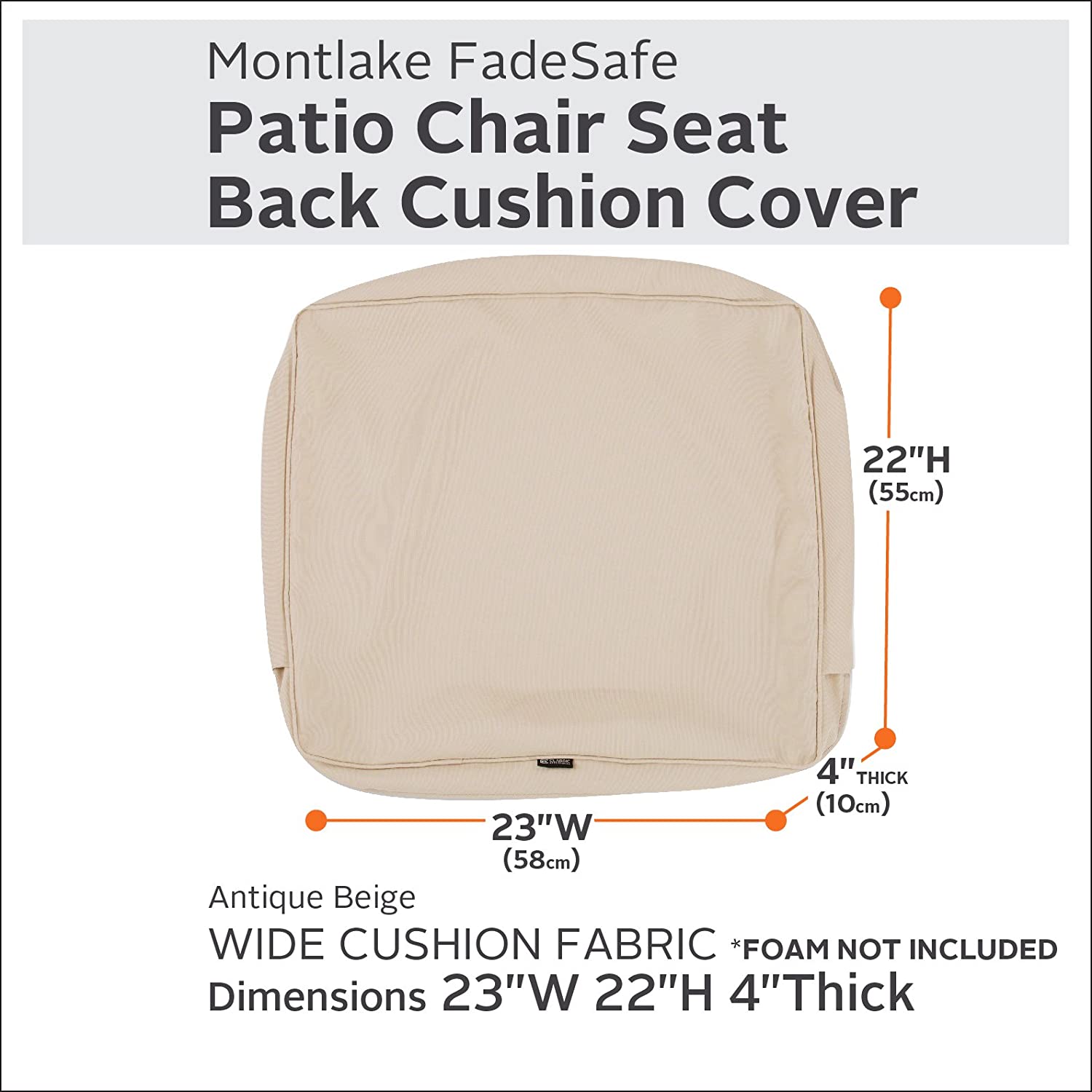 Classic Accessories Montlake Water-Resistant 23 x 22 x 4 Inch Outdoor Back Cushion Slip Cover, Patio Furniture Cushion Cover, Antique Beige, Patio Furniture Cushion Covers