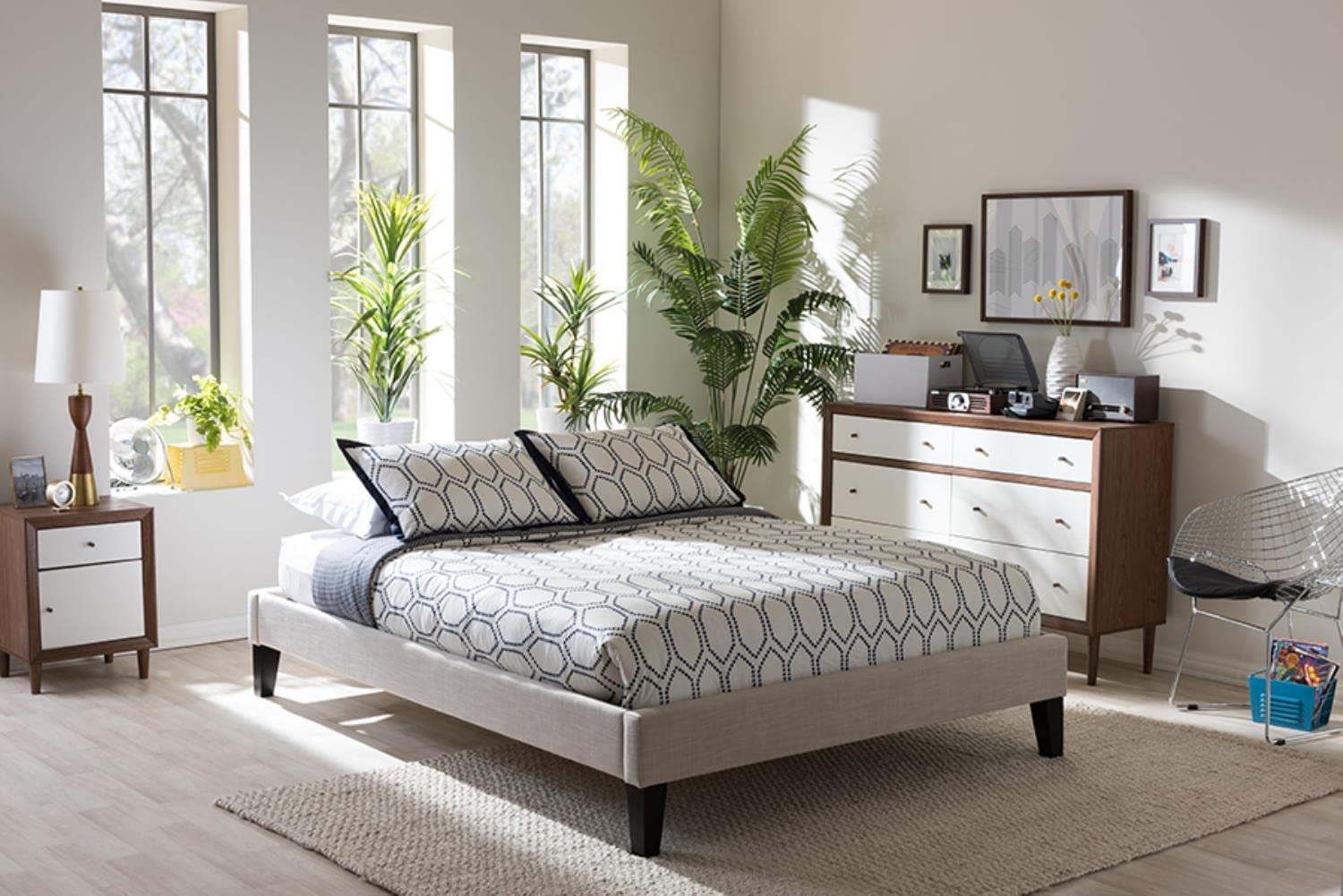 Baxton Studio Lancashire Modern and Contemporary Upholstered Bed Frame with Tapered Legs Beige/Full
