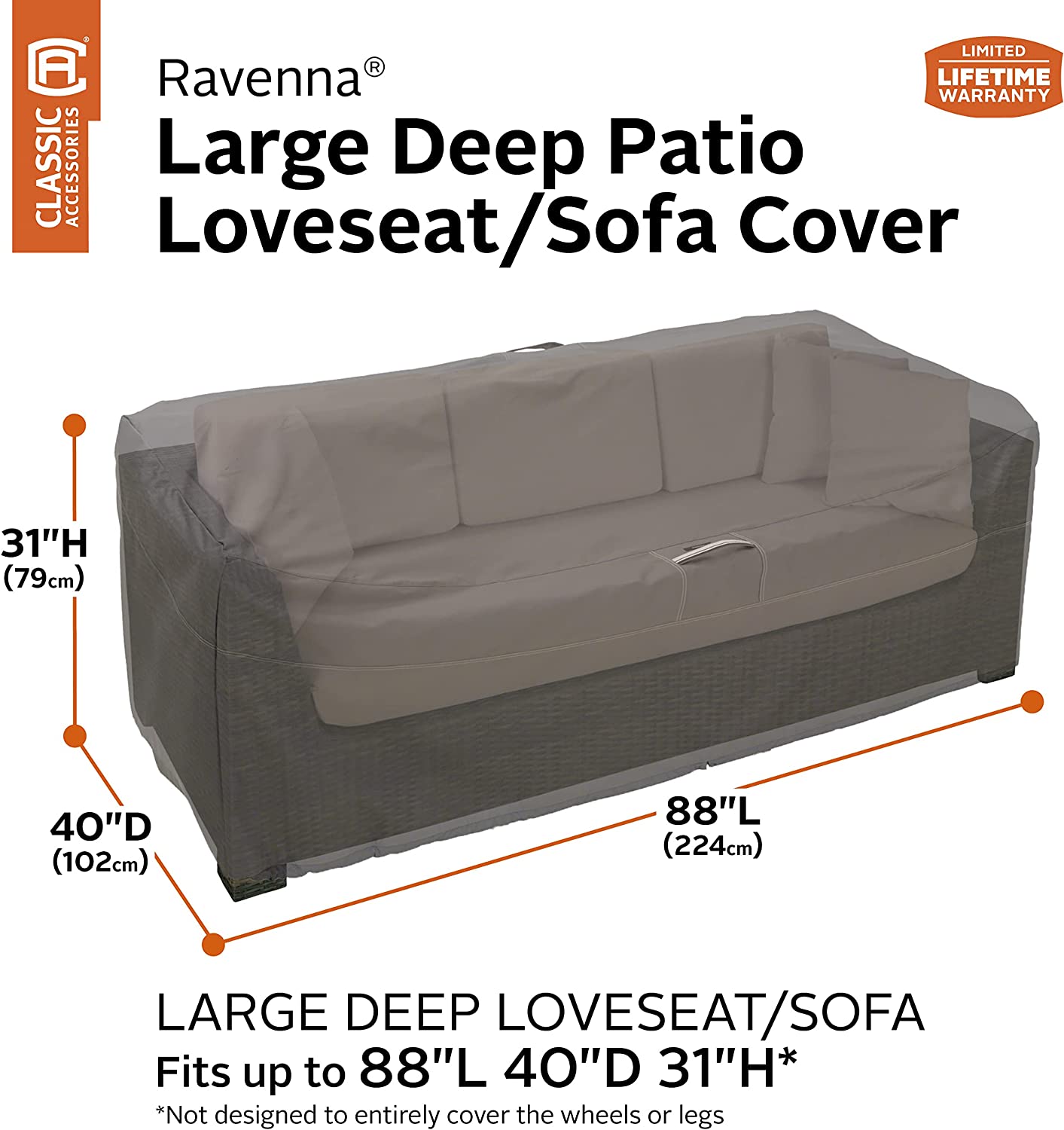 Classic Accessories 55-424-045101-EC Ravenna Water-Resistant 88 Inch Deep Seated Patio Loveseat Cover,Taupe,Large, Patio Furniture Covers