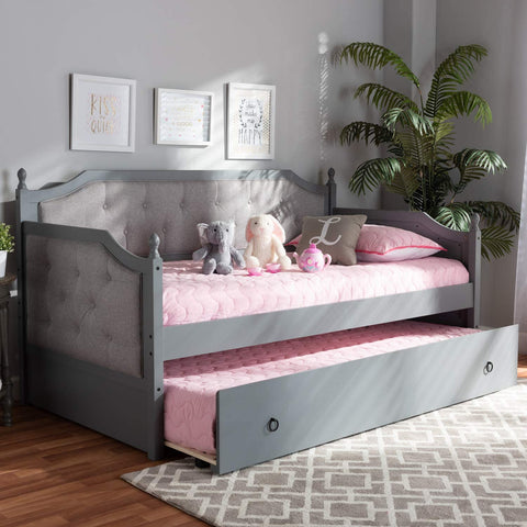 Baxton Studio Mara Classic and Traditional Grey Fabric Upholstered Grey Finished Wood Twin Size Daybed with Trundle
