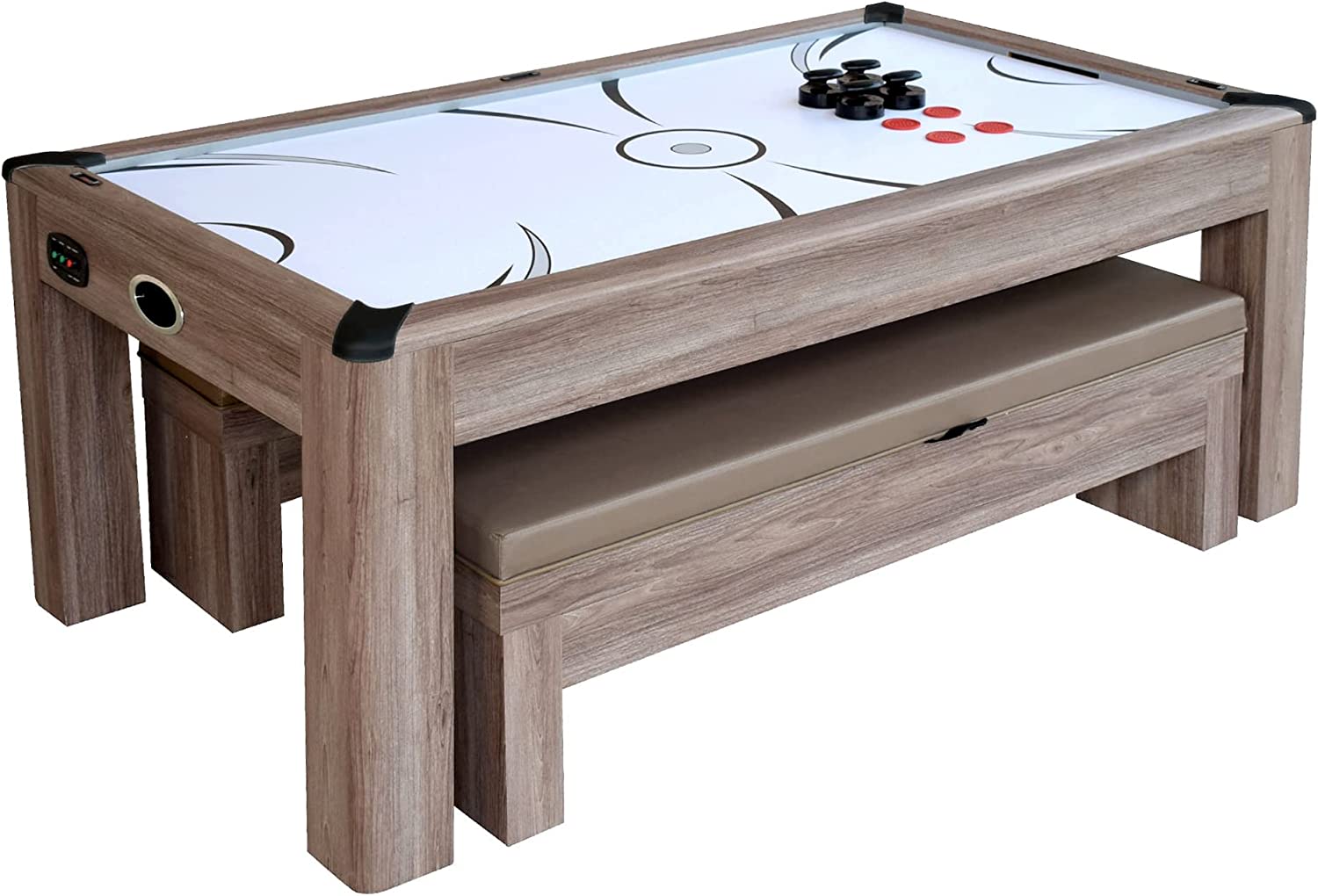 Hathaway Driftwood 7-ft Air Hockey Table Tennis Combination with Dining Top, Two Storage Benches, Free Accessories