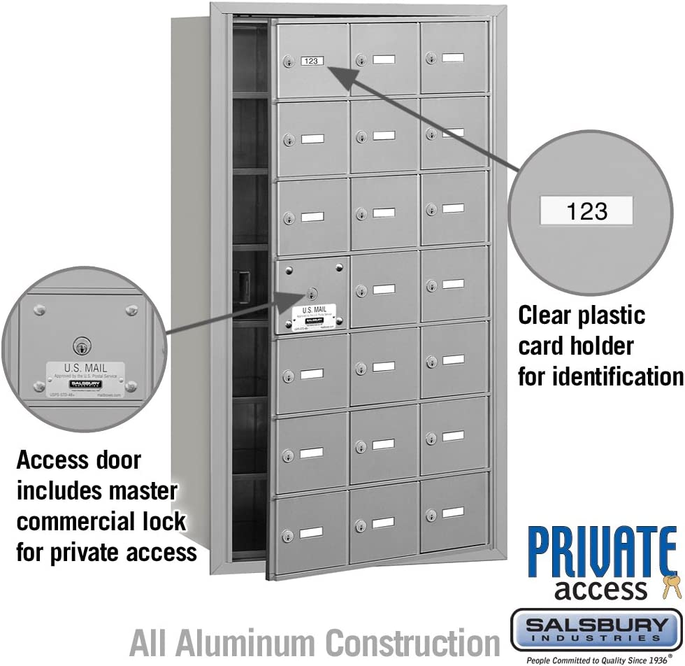 Salsbury Industries 3621AFP 4B Plus Horizontal Mailbox with Master Commercial Lock, 21 A Doors 20 Usable, Front Loading, Private Access, Aluminum