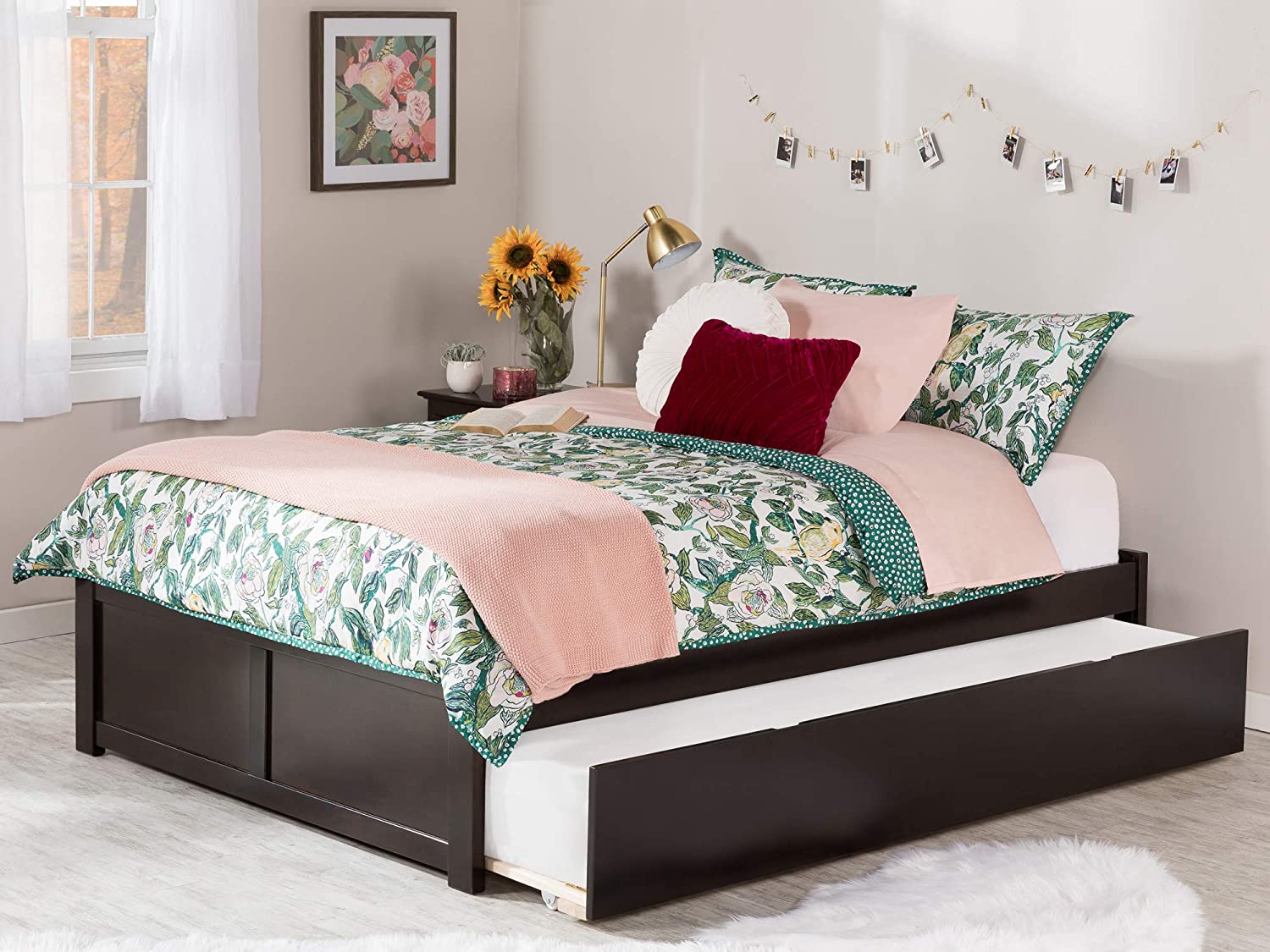 Concord Queen Platform Bed with Footboard and Twin Extra Long Trundle in Espresso