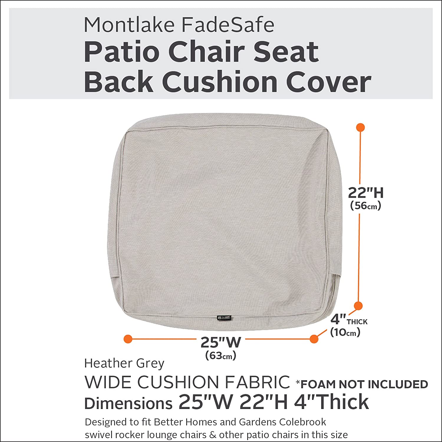 Classic Accessories Montlake Water-Resistant 25 x 22 x 4 Inch Outdoor Back Cushion Slip Cover, Patio Furniture Cushion Cover, Heather Grey, Patio Furniture Cushion Covers