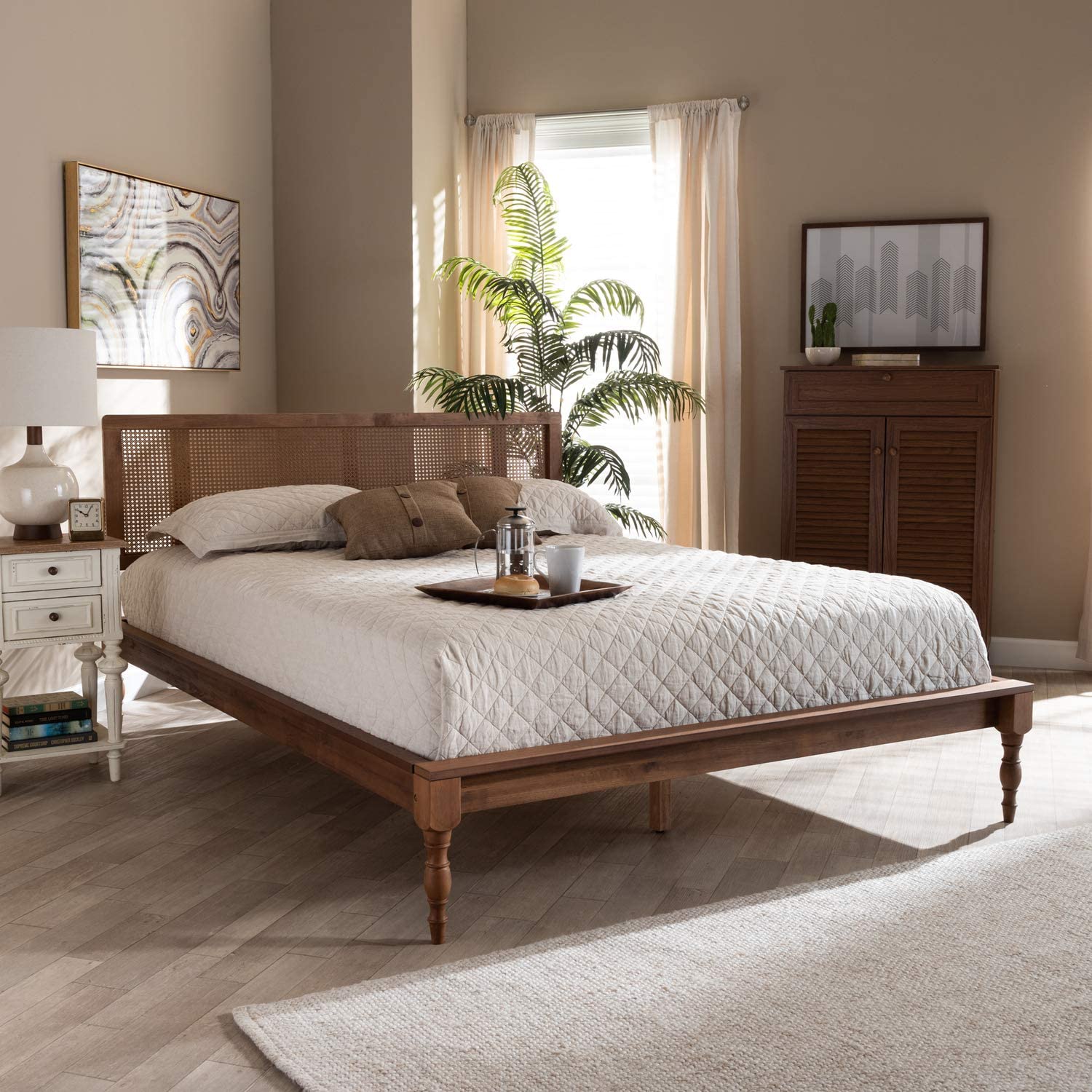 Baxton Studio Romy Vintage French Inspired Ash Wanut Finished Wood and Synthetic Rattan Queen Size Platform Bed