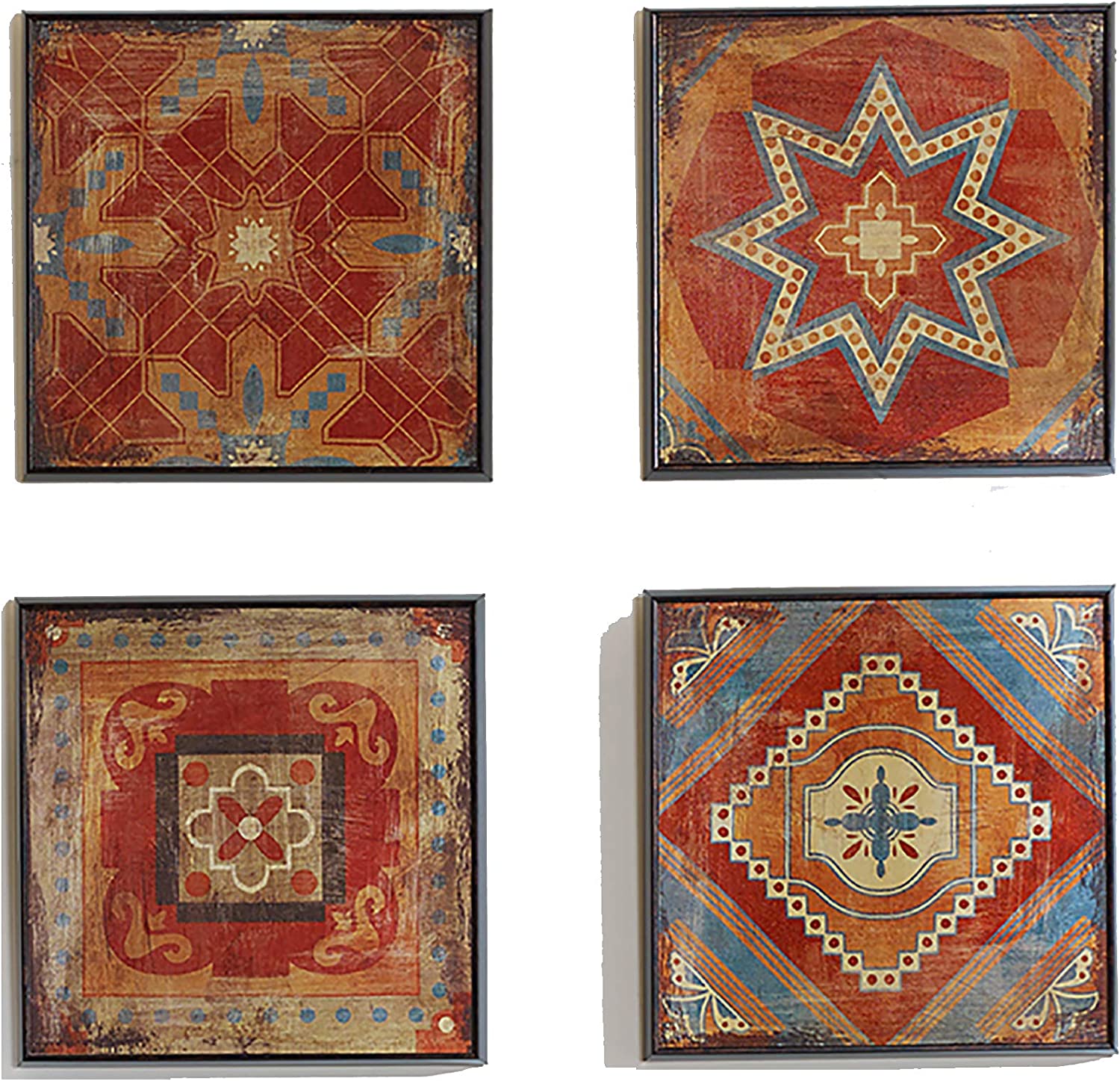 Madison Park Moroccan Tile Abstract Canvas Wall Art Bohemian Painting Home D√É∆í√Ç¬©cor, Abstract Stretched 4 Piece Set Canvas Painting for Living Room, Easy to Hang Deco Box Framed, Blue/Orange, Red
