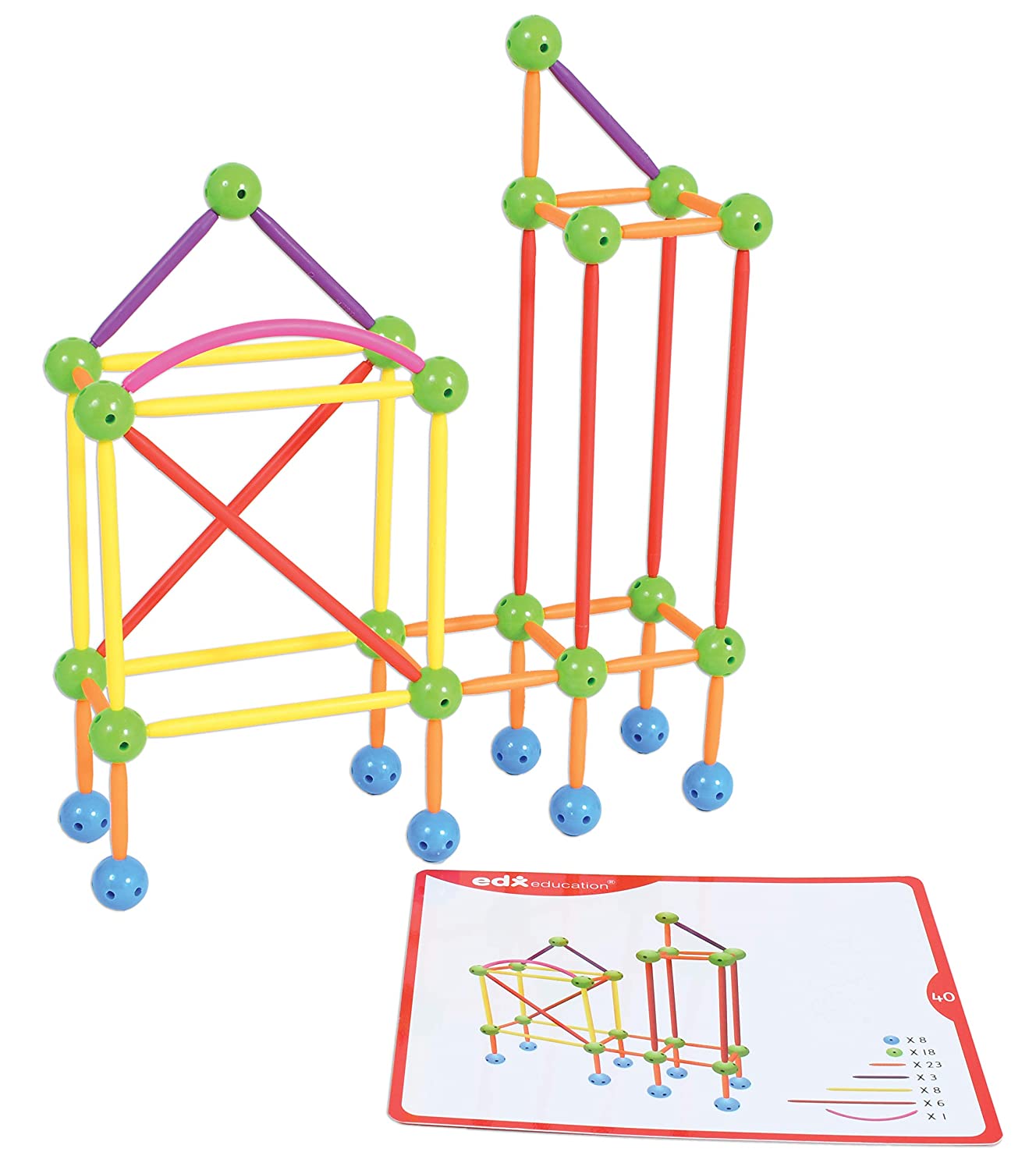 edxeducation Skeletal Starter Geo Set - 144 Multicolored Pieces - 20 Double-Sided Activity Cards - STEM Building Toy for Ages 3+ - Construct Geometric 2D and 3D Shapes