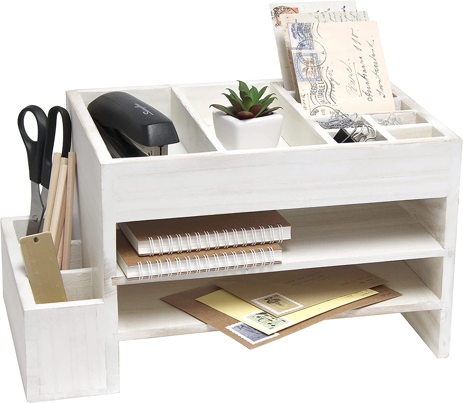 Elegant Designs HG1021-WWH Home Office Wood Tiered Organizer with Storage Cubbies and Letter Tray Desk Caddy, White Wash