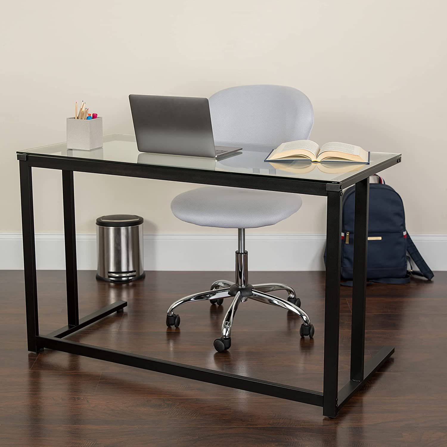 Flash Furniture Glass Desk with Black Pedestal Metal Frame