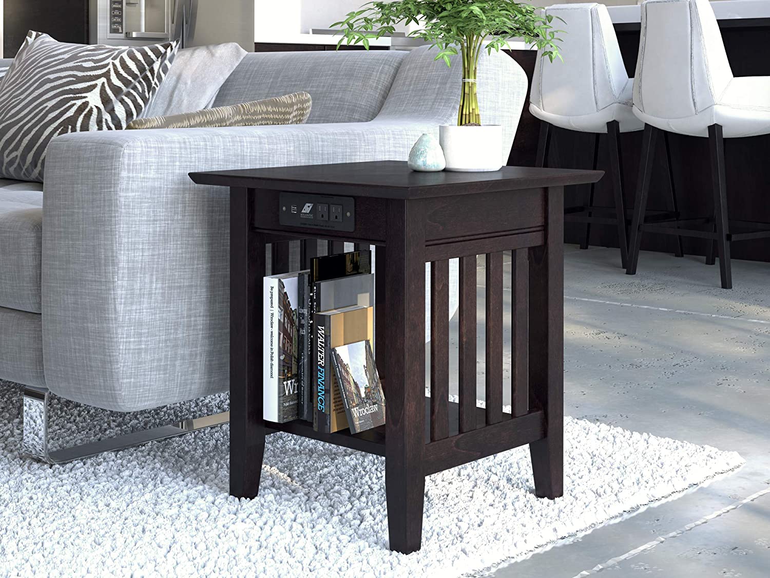 AFI Mission End Table with Charging Station, (20&#34; x 20&#34;), Espresso