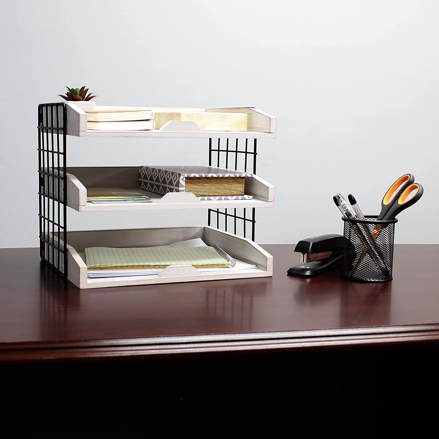Elegant Designs Home Office Wood Desk Organizer Mail Letter Tray with 3 Shelves File-Boxes, White Wash,12.5x10.5x10.5