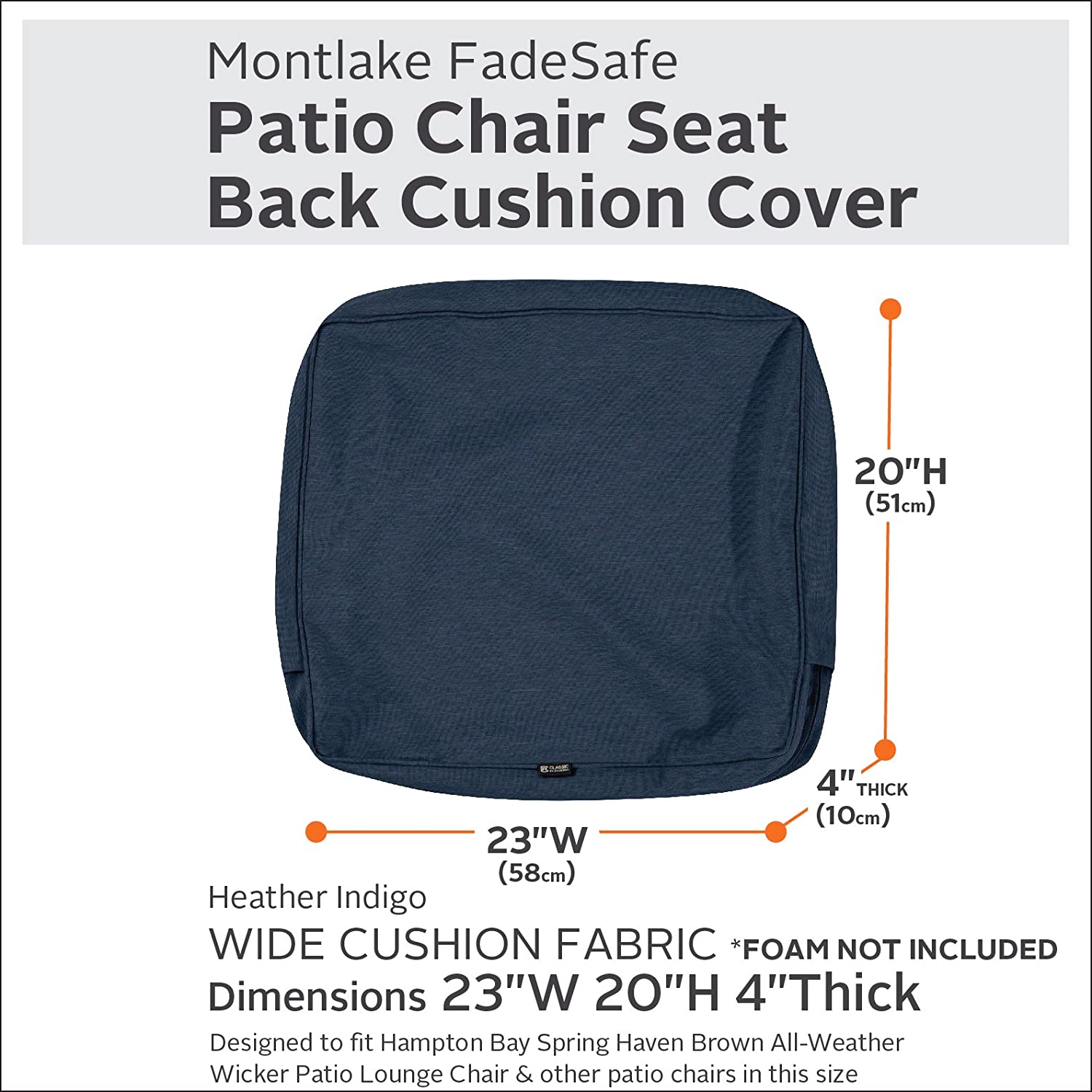 Classic Accessories Montlake Water-Resistant 23 x 20 x 4 Inch Outdoor Back Cushion Slip Cover, Patio Furniture Cushion Cover, Heather Indigo Blue, Patio Furniture Cushion Covers