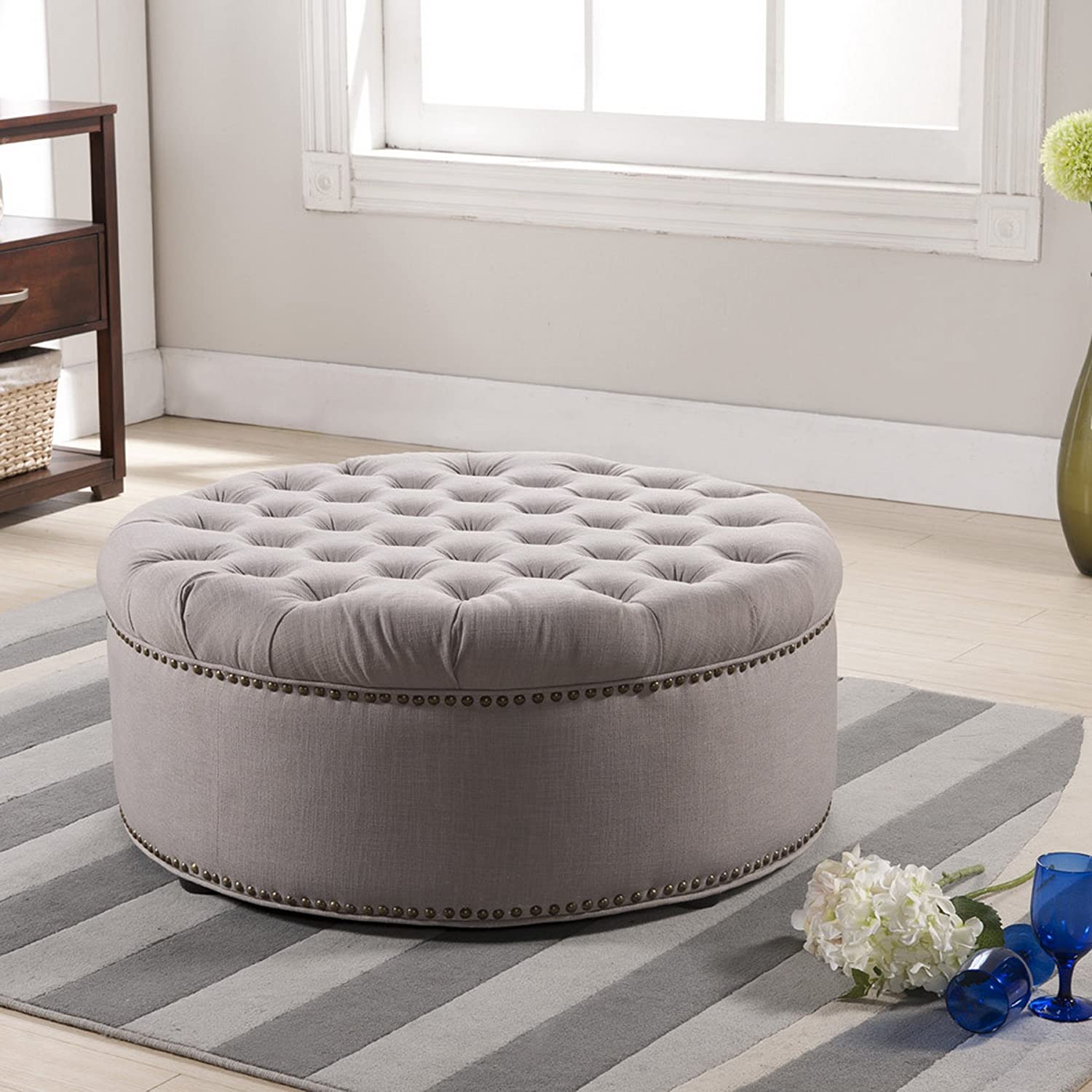 Baxton Studio Iglehart Linen Modern Tufted Ottoman, Beige