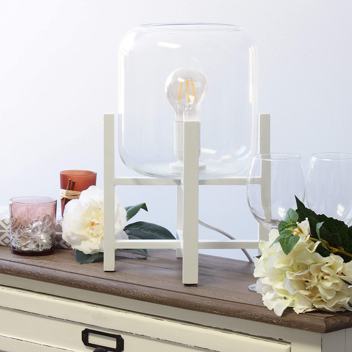Simple Designs LT1068-WHT Wood Mounted Glass Cylinder Shade Table Lamp, White/Clear