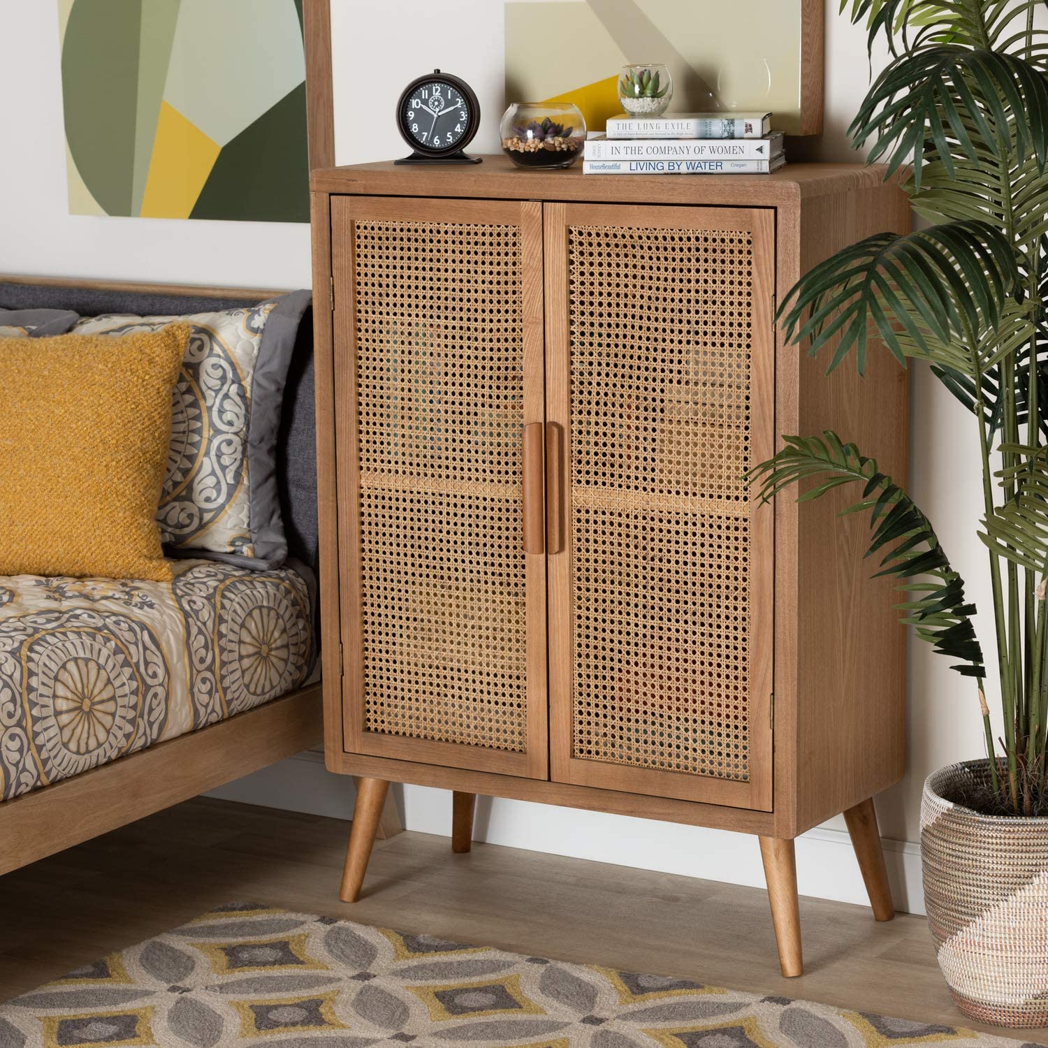 Baxton Studio Alina Mid-Century Modern Medium Oak Finished Wood and Rattan 2-Door Accent Storage Cabinet