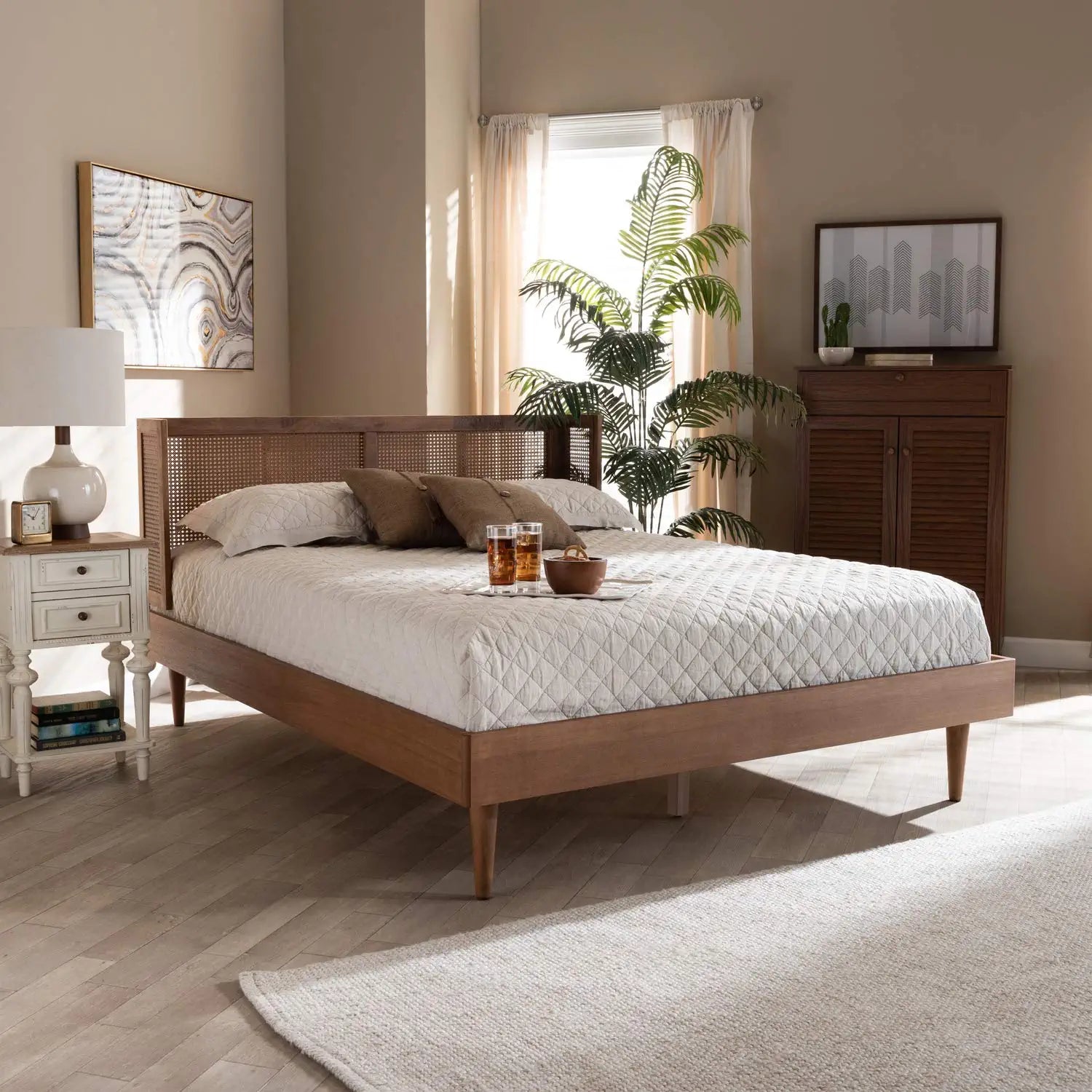 Baxton Studio Rina Mid-Century Modern Ash Wanut Finished Wood and Synthetic Rattan King Size Platform Bed with Wrap-Around Headboard