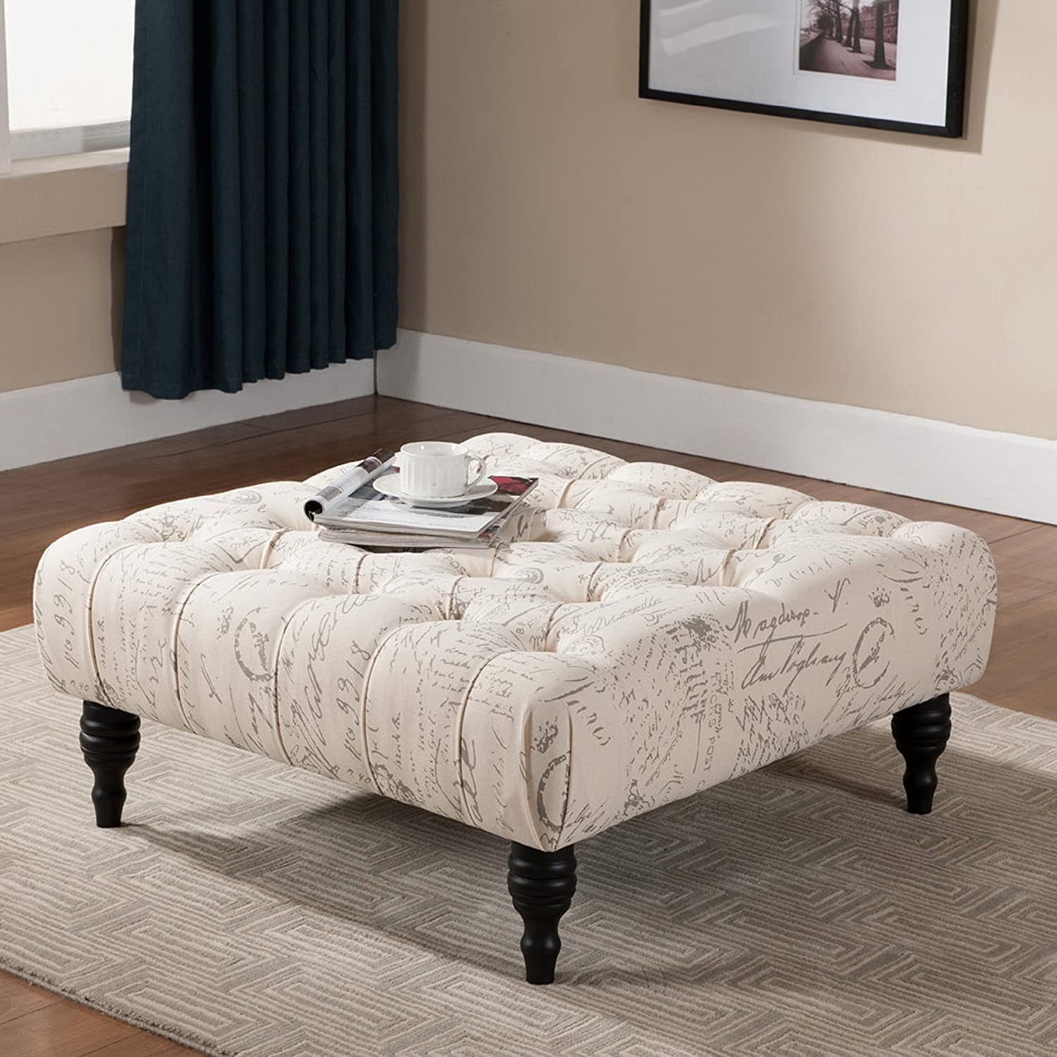 Baxton Studio Keswick Script Print Modern Tufted Ottoman, Beige