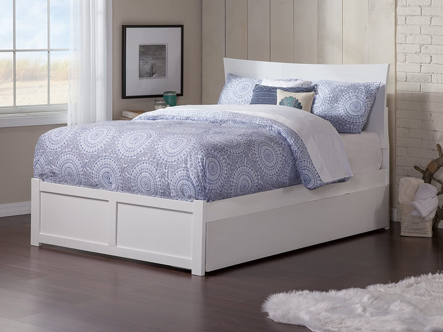 AFI Metro Platform Bed with Flat Panel Footboard and Turbo Charger with Twin Size Urban Trundle, Full, White