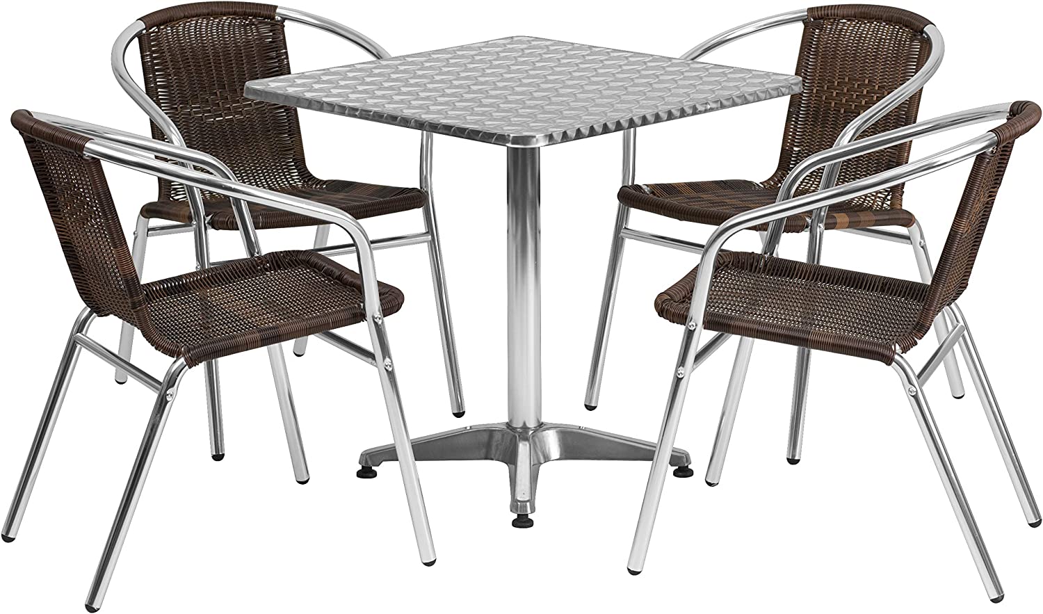 Flash Furniture 27.5&#39;&#39; Square Aluminum Indoor-Outdoor Table Set with 4 Dark Brown Rattan Chairs