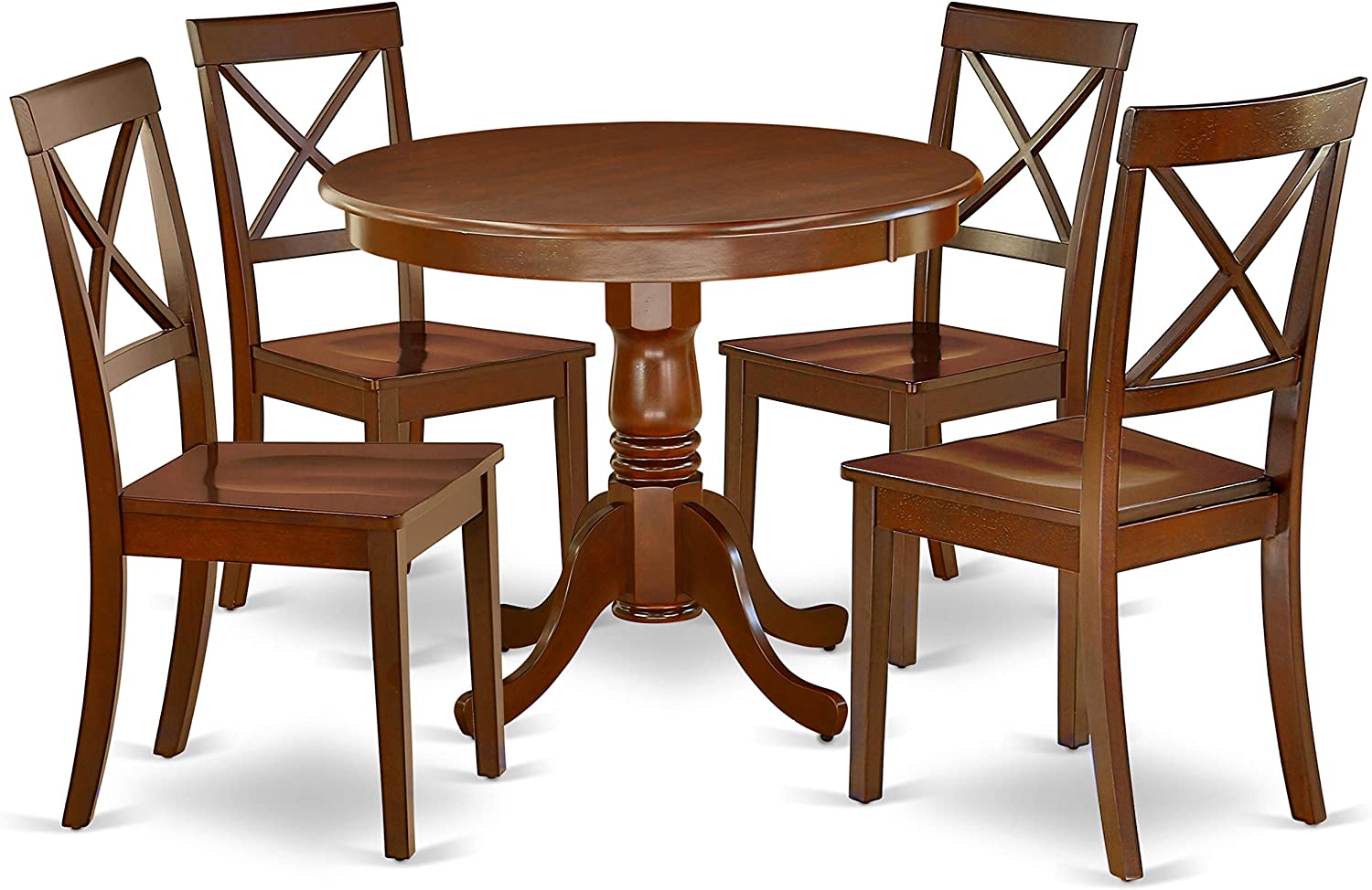 East West Furniture 5Pc Rounded 36&#34; Room Table And Four Wood Seat Dining Chairs, Mahogany