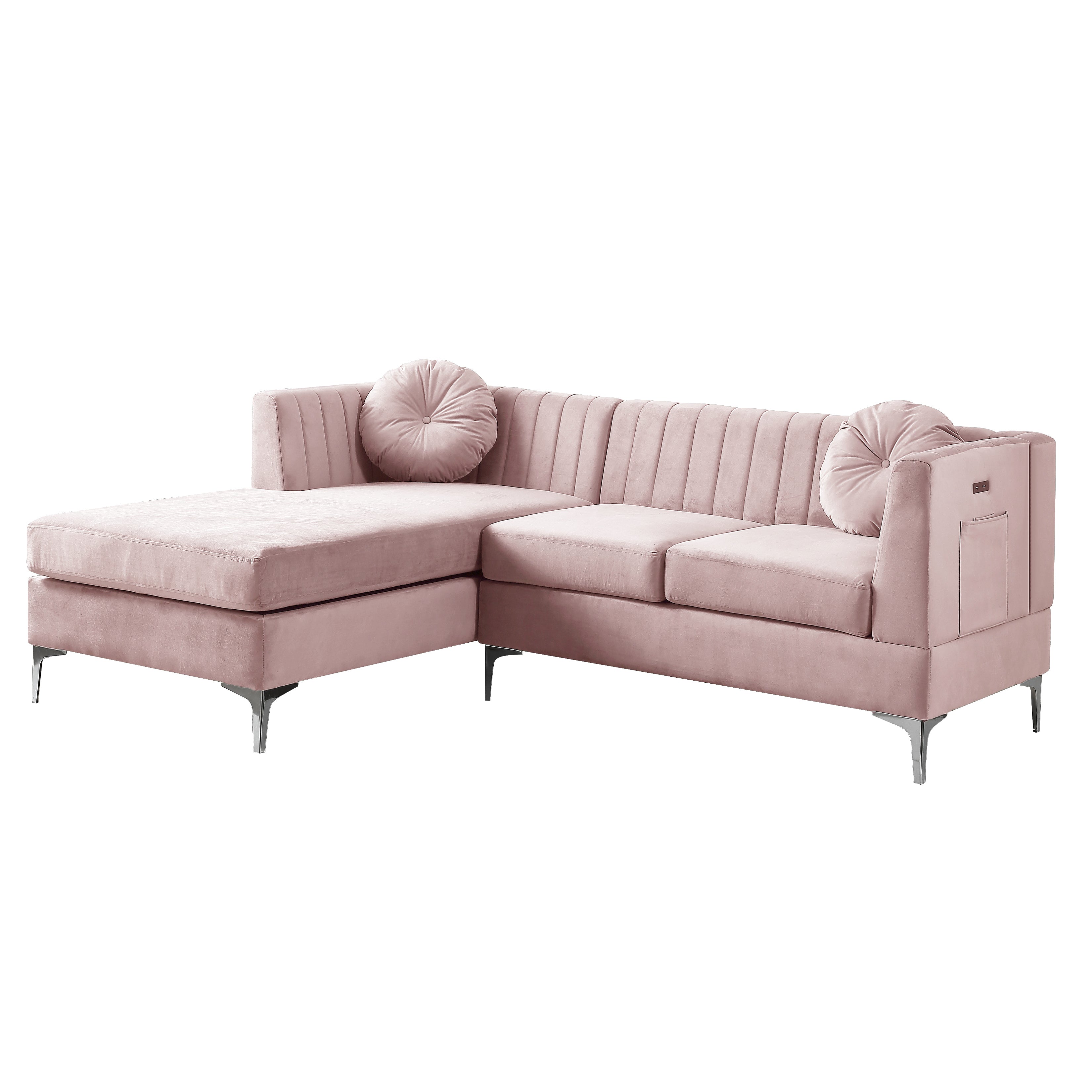 Chloe Pink Velvet Sectional Sofa Chaise with USB Charging Port