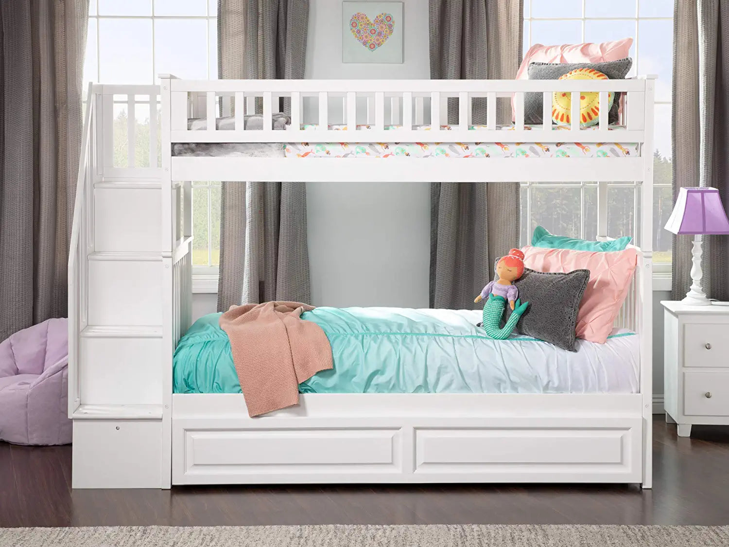 AFI Woodland Staircase Bunk Raised Panel Trundle Bed, Twin, White, Twin over Twin