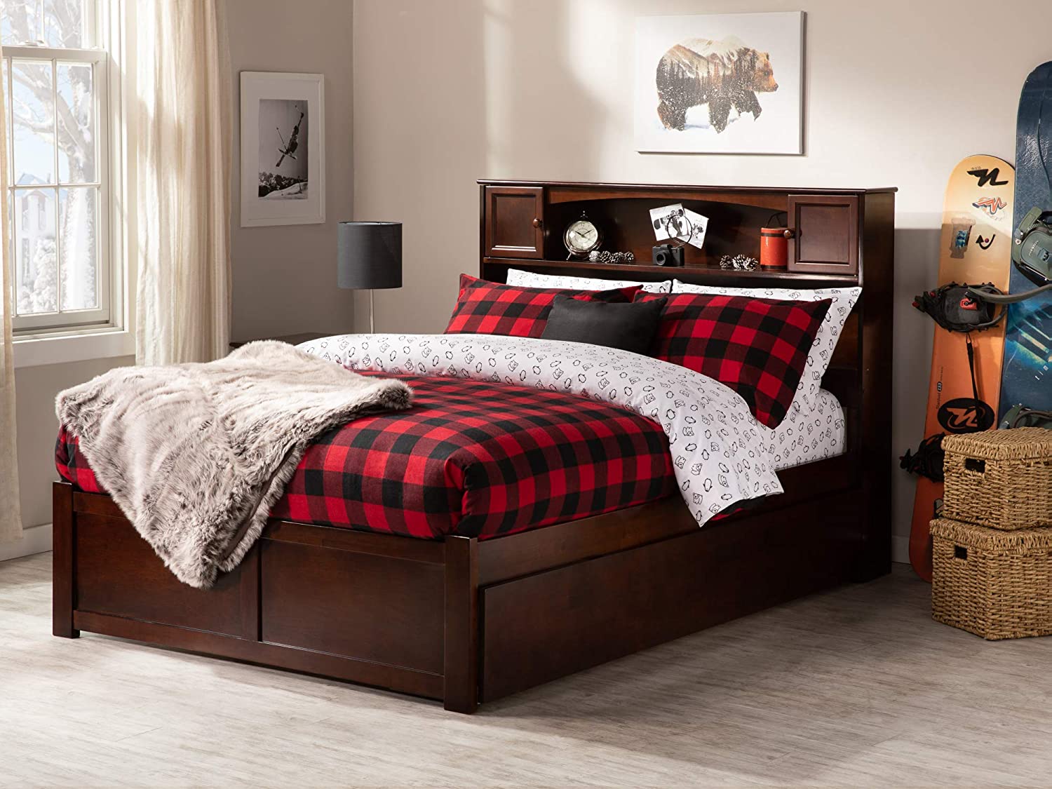 AFI Newport Platform Bed with Flat Panel Footboard and Turbo Charger with Twin Size Urban Trundle, Full, Walnut