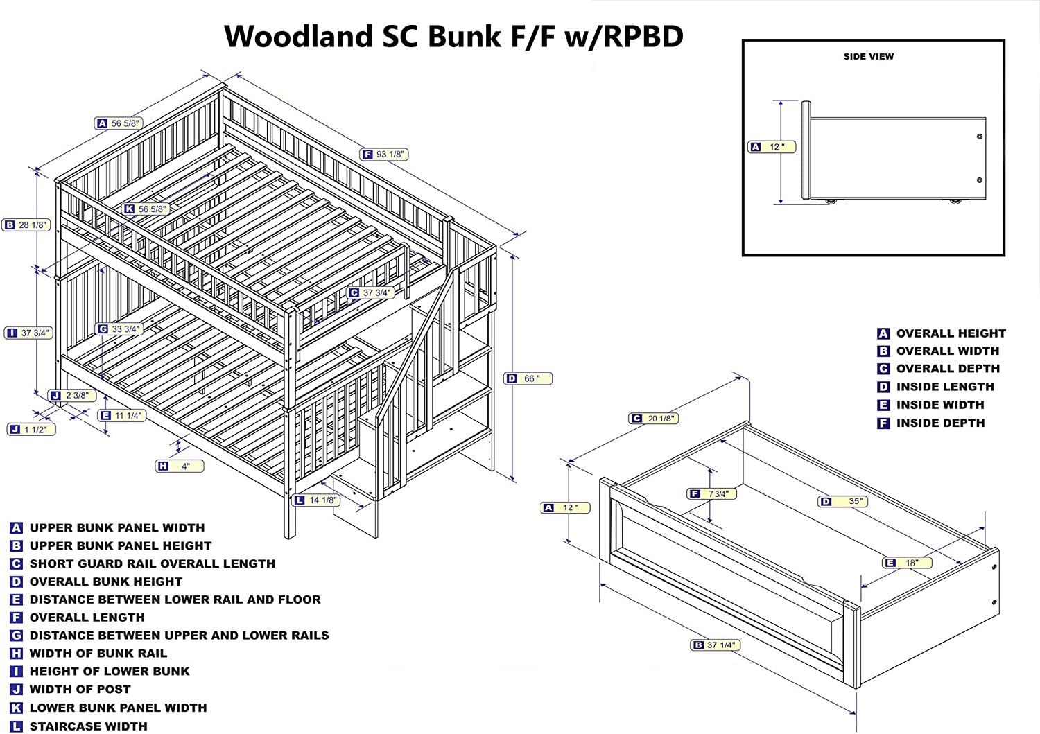 AFI Woodland Staircase Bunk with Turbo Charger and Raised Panel Bed Drawers, Full, Walnut