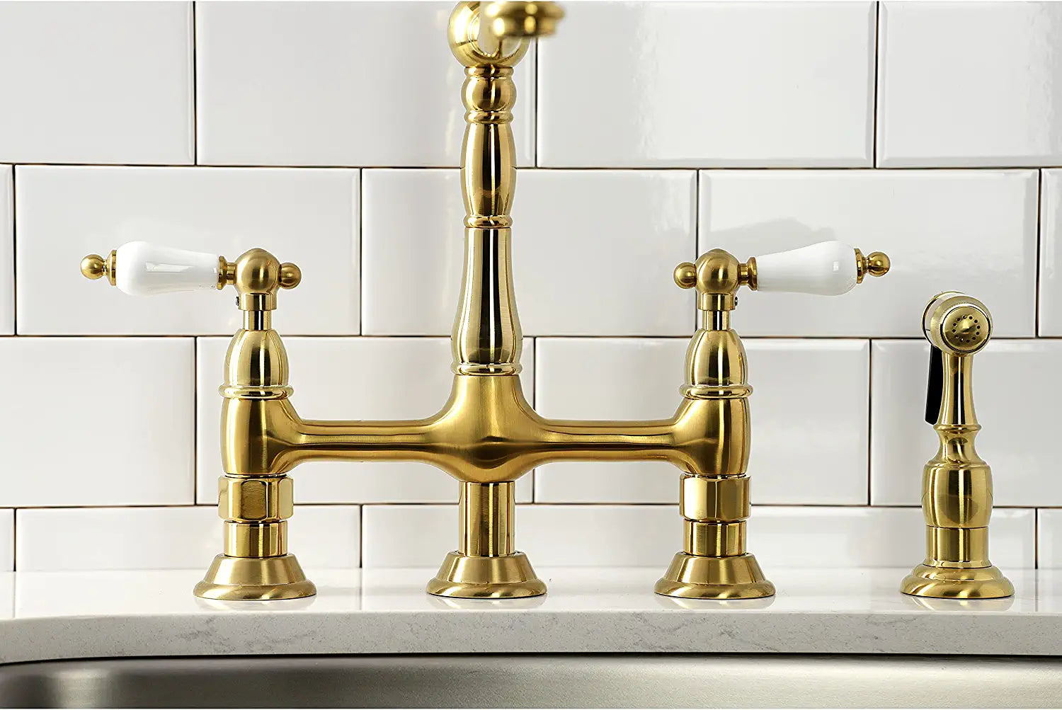 Kingston Brass KS1277PLBS Heritage 8-Inch Center Kit Bridge Faucet with Brass Sprayer, Brushed Brass