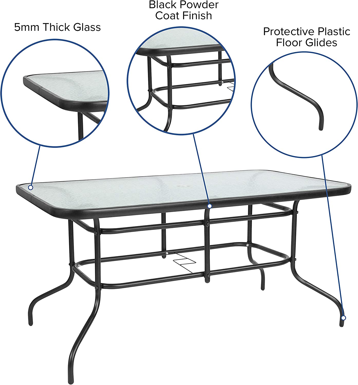 Flash Furniture 31.5&#34; x 55&#34; Rectangular Tempered Glass Metal Table with Umbrella Hole