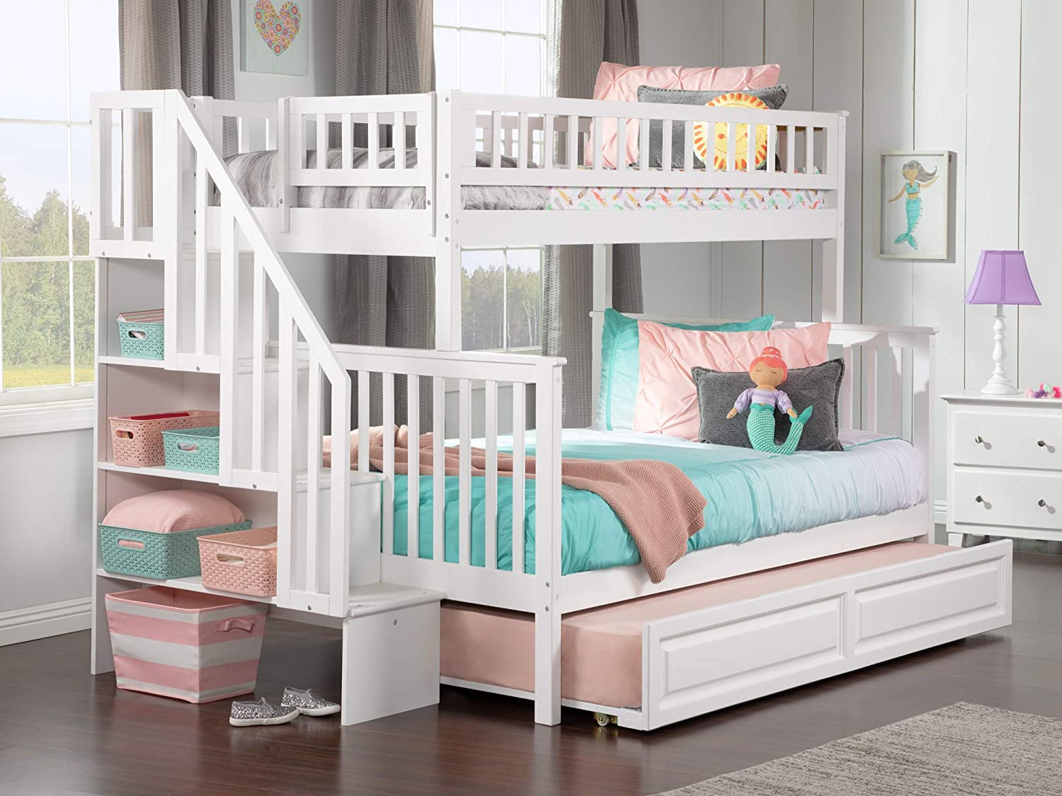 AFI Woodland Staircase Bunk Raised Panel Trundle Bed, Twin/Full, White