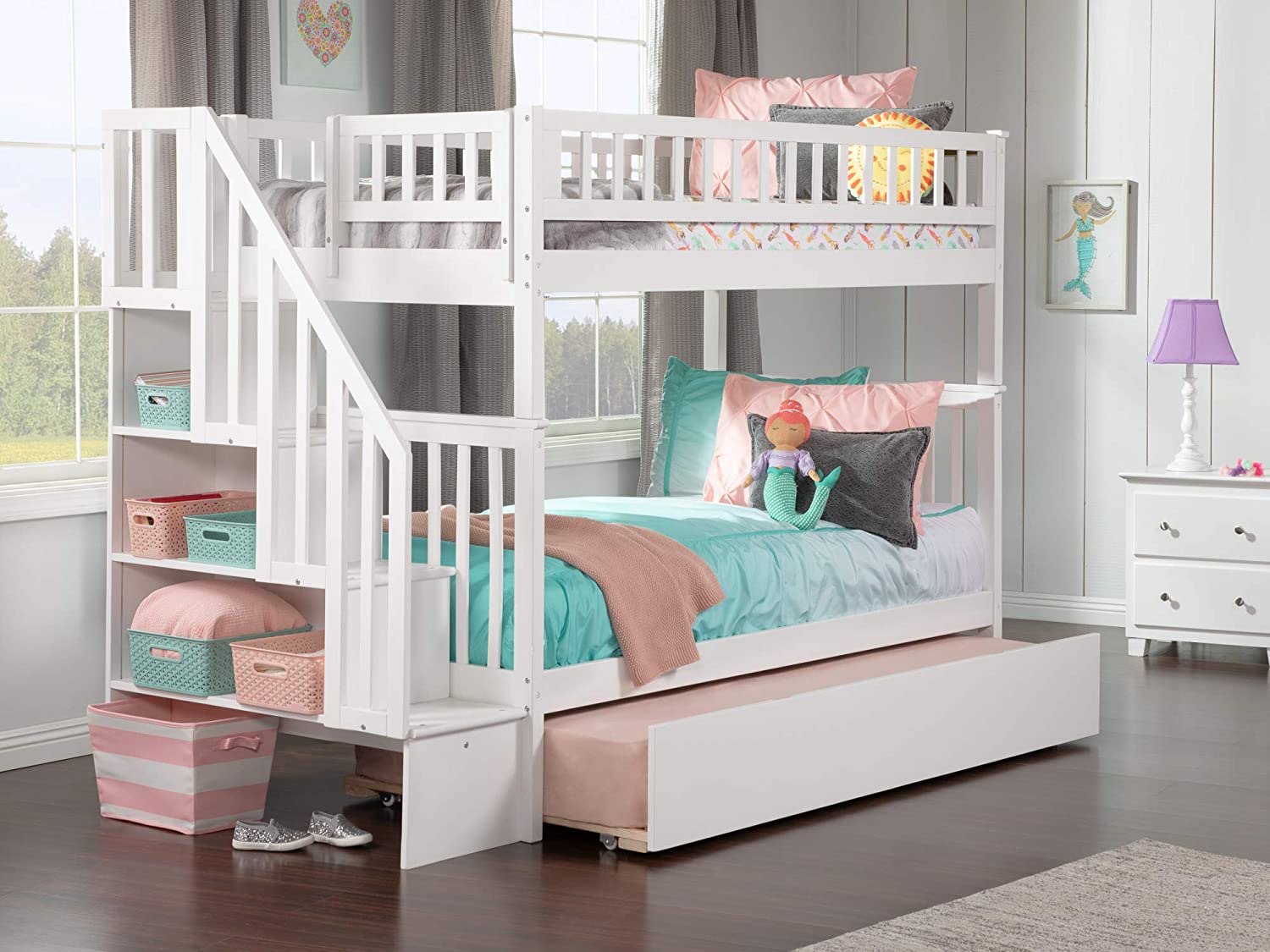 AFI Woodland Staircase Bunk with Turbo Charger and Twin Size Urban Trundle, Twin/Twin, White