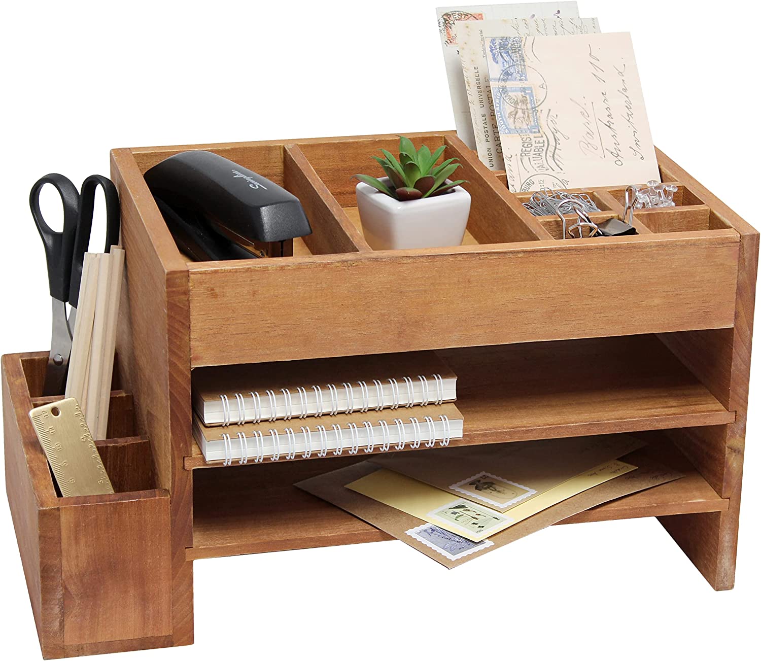 Elegant Designs HG1021-NWD Home Office Wood Tiered Organizer with Storage Cubbies and Letter Tray Desk Caddy, Natural