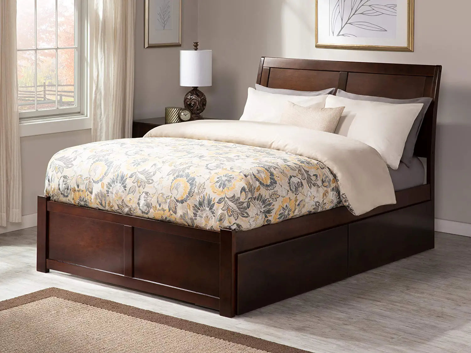 AFI Portland Queen Platform Bed with Flat Panel Footboard and Turbo Charger with Urban Bed Drawers in Walnut