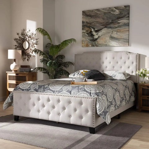 Baxton Studio Marion Modern Transitional Beige Fabric Upholstered Button Tufted Queen Size Panel Bed