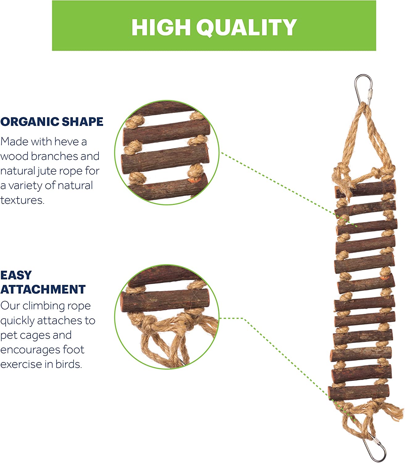 Prevue Pet Products Naturals Rope Ladder Bird Toy, Wood Stairs Climbing Activity Attachment for Birdcage, Earth Tone Brown