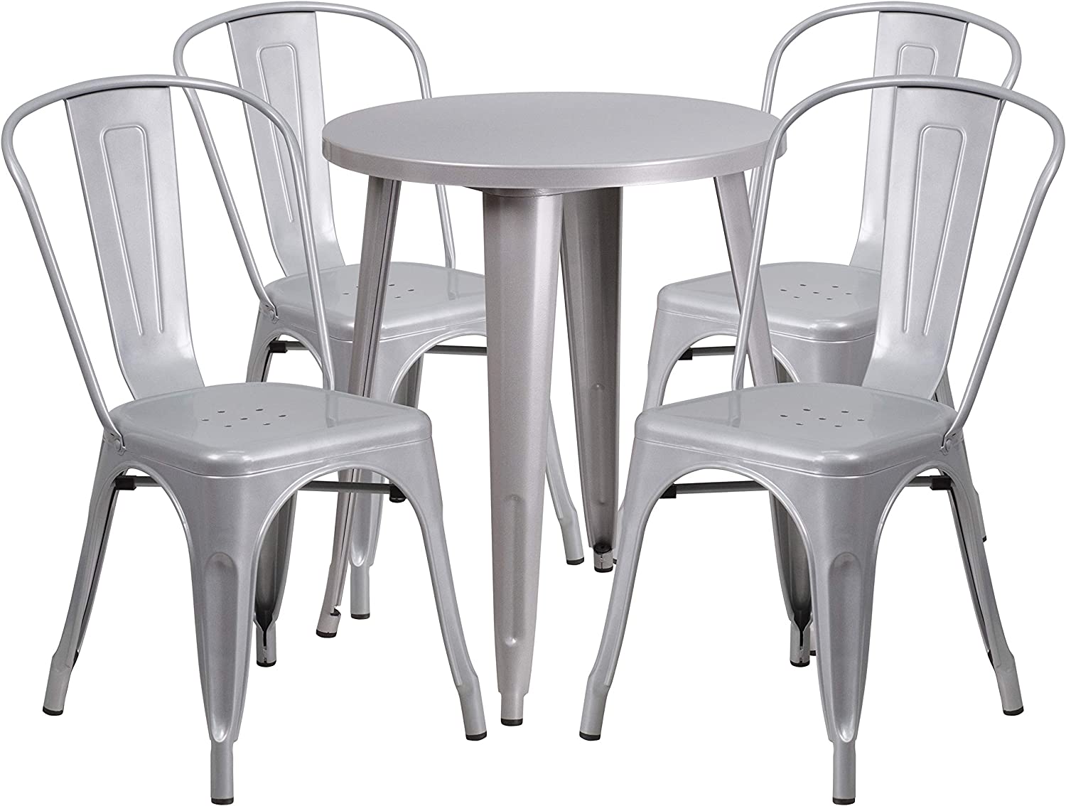 Flash Furniture Commercial Grade 24&#34; Round Silver Metal Indoor-Outdoor Table Set with 4 Cafe Chairs