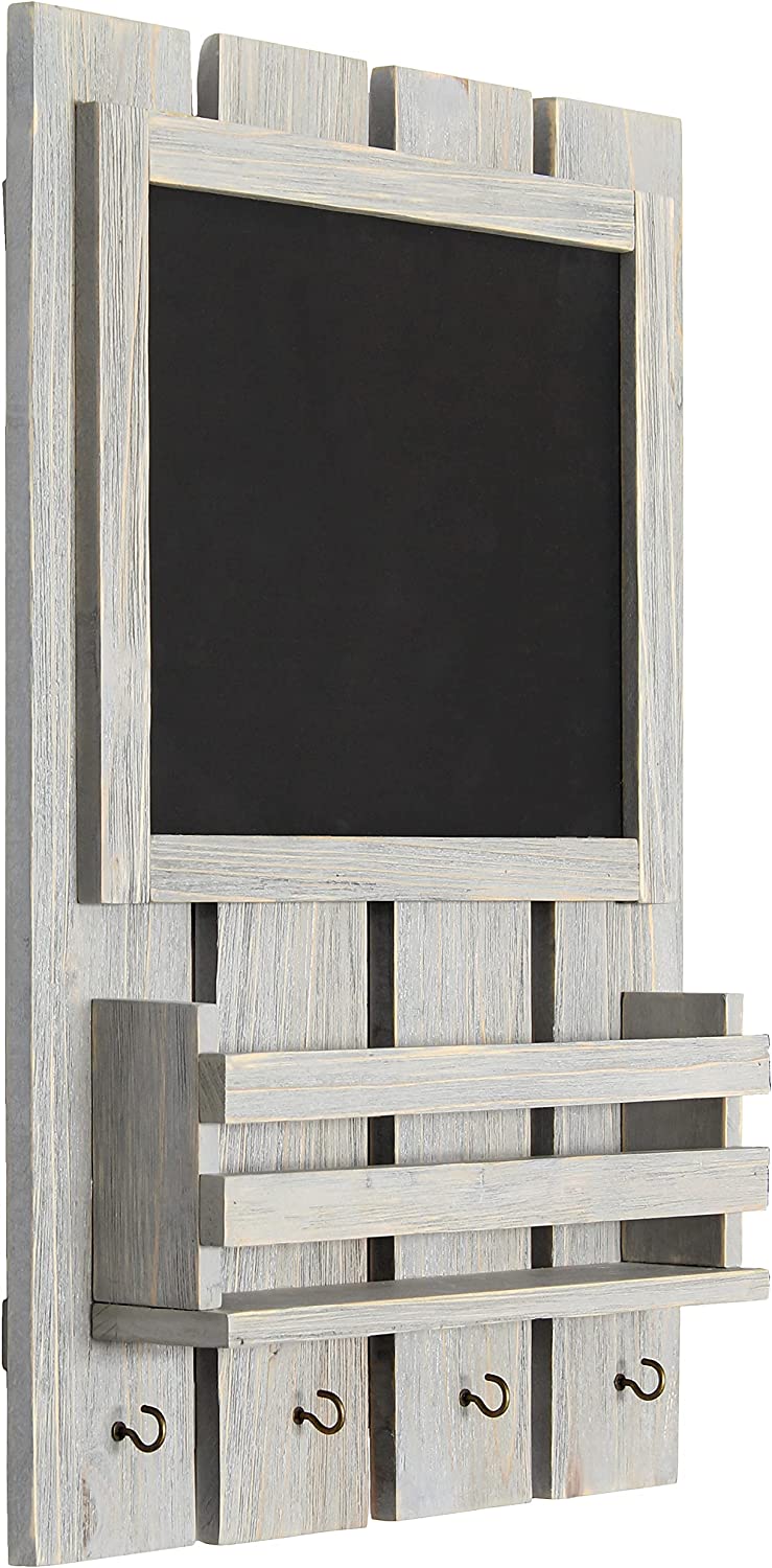 Elegant Designs HG1023-WWH Wooden Chalkboard Sign with Key Holder Hooks and Mail Storage, White Wash