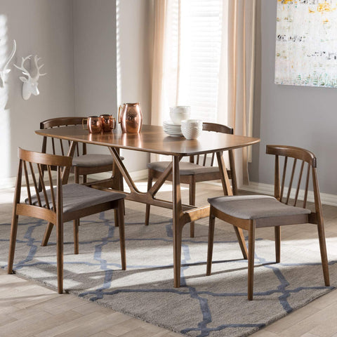 Baxton Studio Wyatt Mid-Century Modern Walnut Wood 5-Piece Dining Set Beige//Medium Wood/Mid-Century/Table/Fabric Polyester 100%&#34;/Solid Rubber Wood/Foam