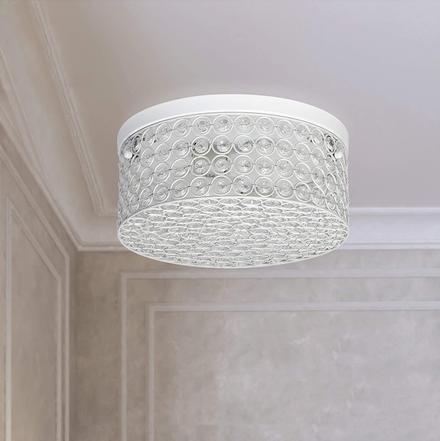 Elegant Designs FM1003-WHT 12 Inch Elipse Crystal 2 Light Round Ceiling Flush Mount, White