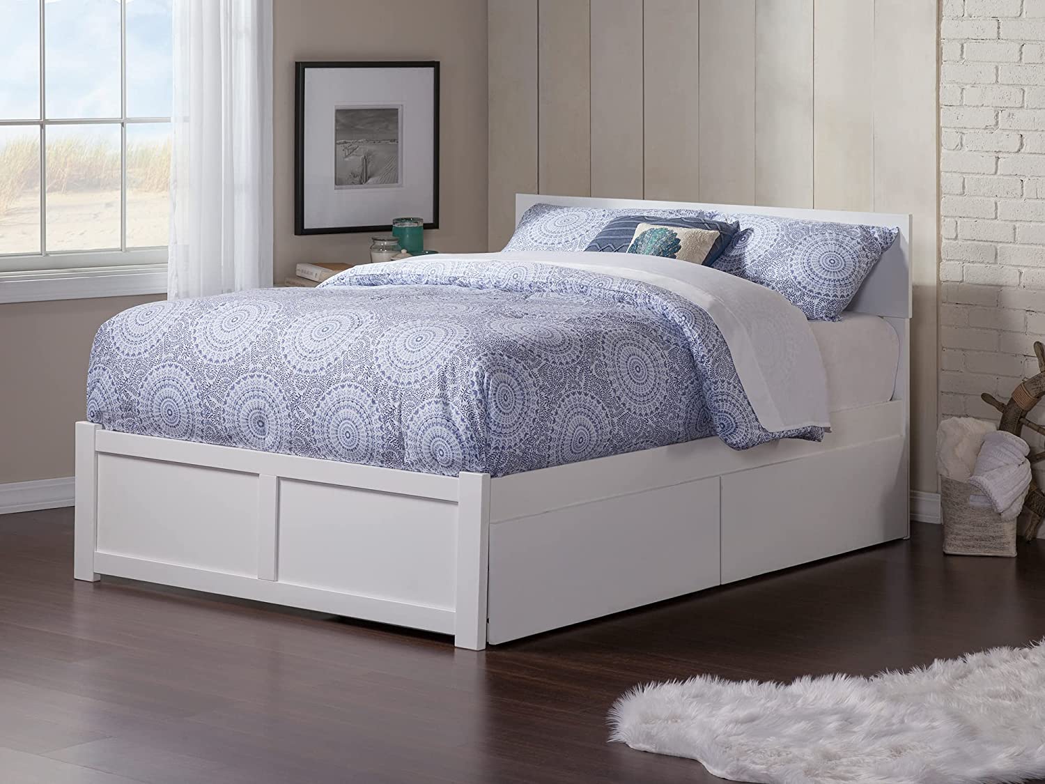 AFI Orlando Platform Flat Panel Footboard and Turbo Charger with Urban Bed Drawers, Full, White