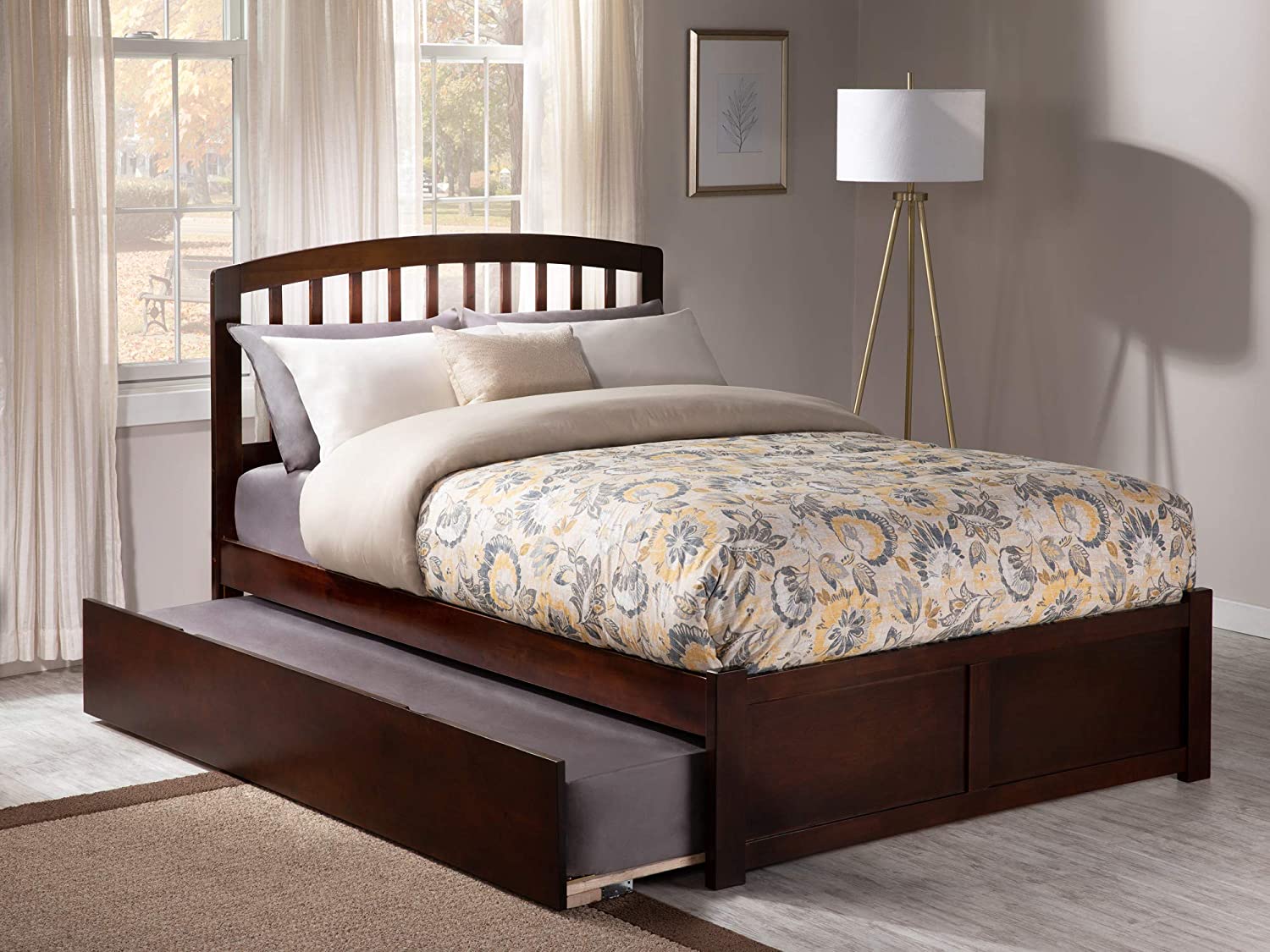 AFI Richmond Platform Bed with Flat Panel Footboard and Turbo Charger with Twin Size Urban Trundle, Full, Walnut