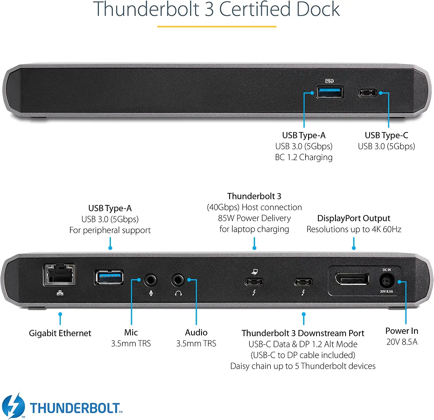 StarTech.com Thunderbolt 3 Dock - Dual Monitor 4K 60Hz Laptop Docking Station with DisplayPort - 85W Power Delivery - 3-Port USB 3.0 Hub, Ethernet, Audio - TB3 Dock - Windows &amp; Mac (TB3DK2DPPD)