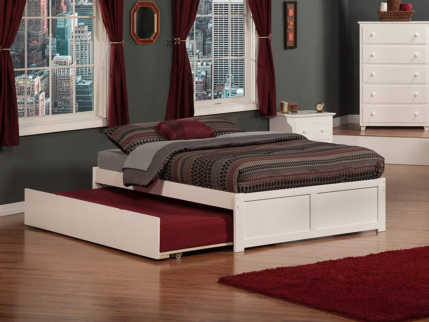 AFI Concord Platform Bed with Flat Panel Footboard and Twin Size Urban Trundle, Full, White