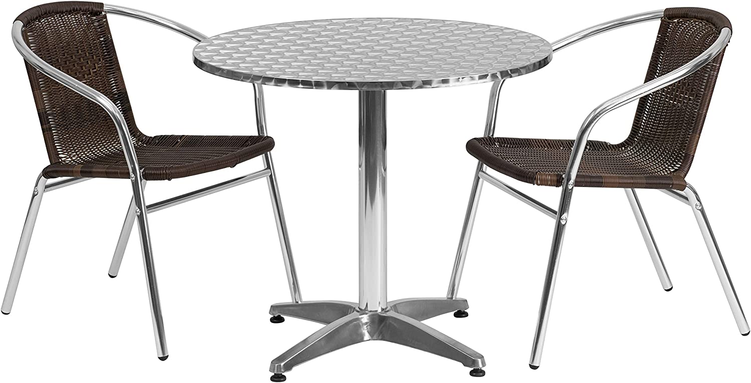 Flash Furniture 31.5&#39;&#39; Round Aluminum Indoor-Outdoor Table Set with 2 Dark Brown Rattan Chairs