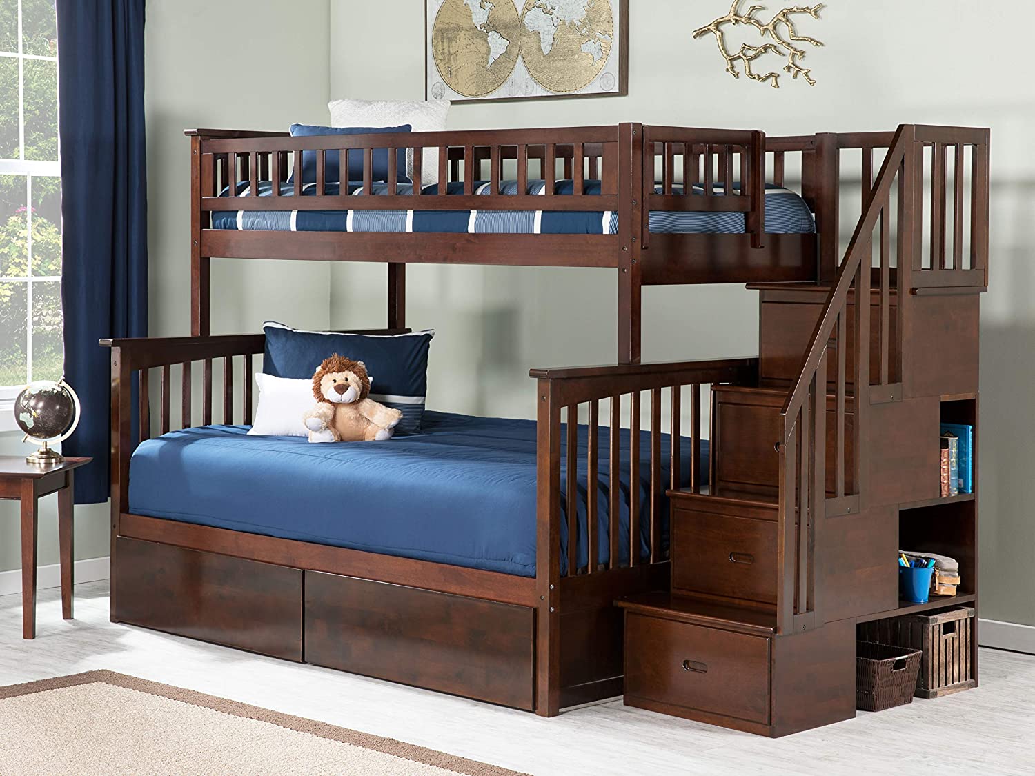 AFI Columbia Staircase Bunk with Turbo Charger and Urban Bed Drawers, Twin/Full, Walnut
