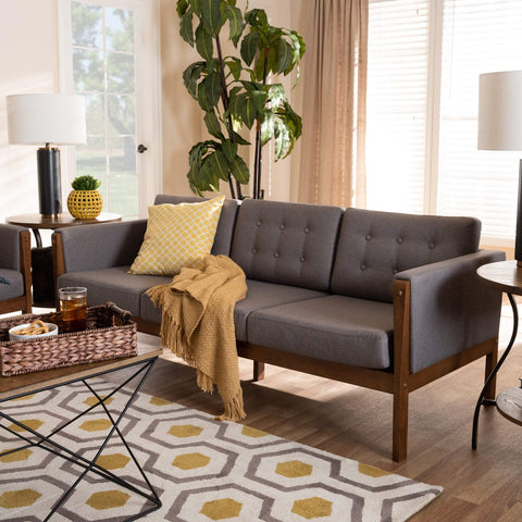 Baxton Studio Lenne 75&#34; W Gray and Walnut Brown Tufted Sofa