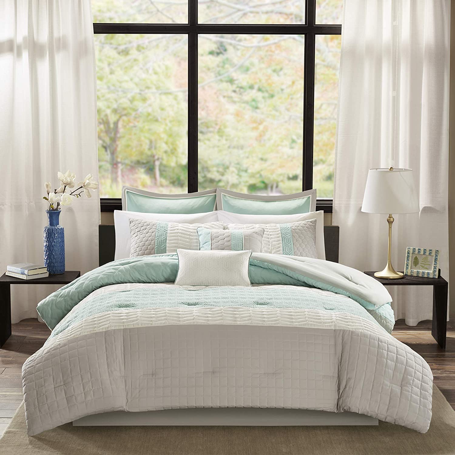 Madison Park Roslynn King Size Bed Comforter Set Bed in A Bag - Aqua, Striped ‚Äì 8 Pieces Bedding Sets ‚Äì Microcell Bedroom Comforters